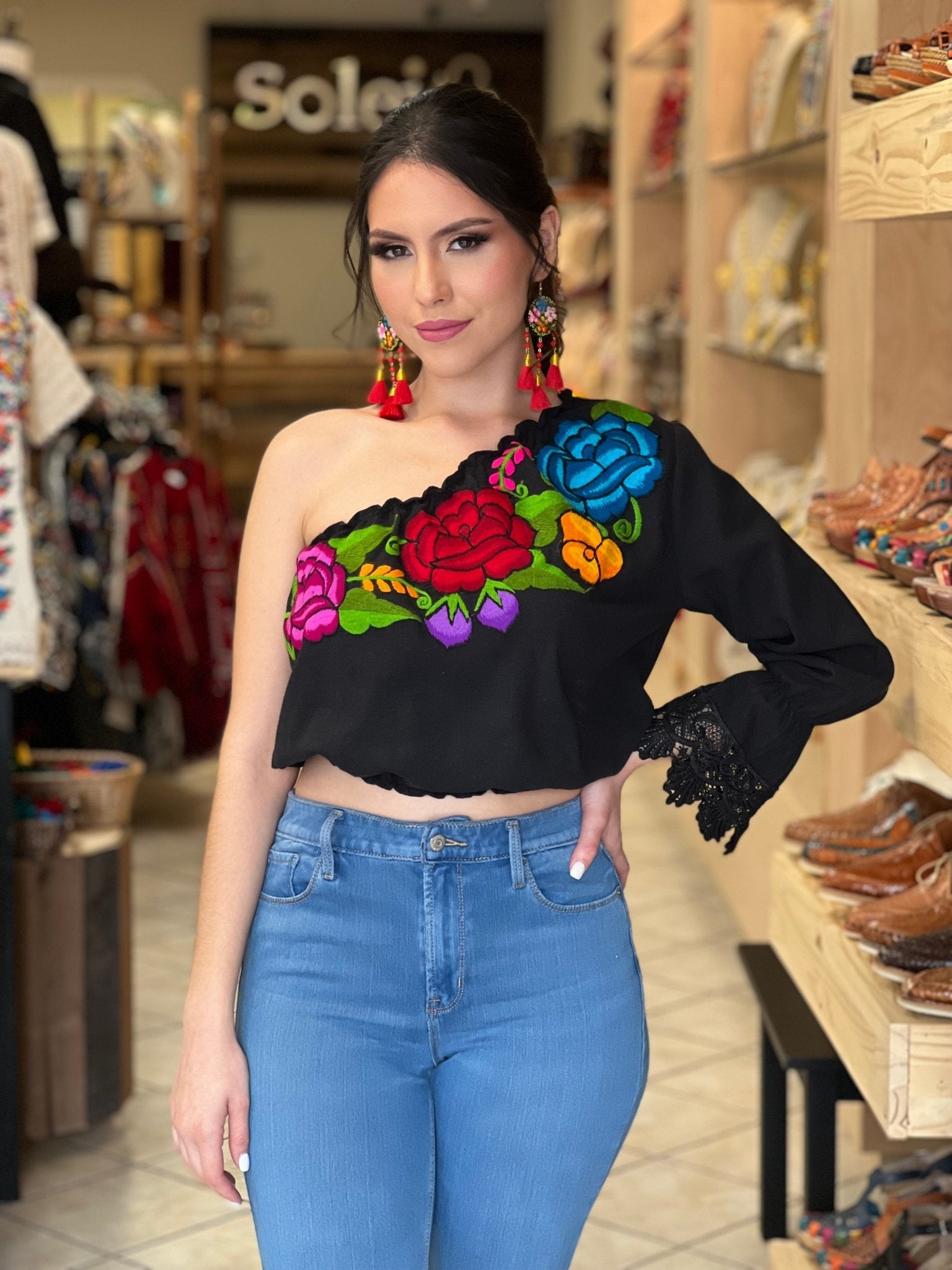 Floral One Shoulder Artisanal Crop Top. Mexican Embroidered Top. Zulema Deluxe Crop Top. - Solei Store