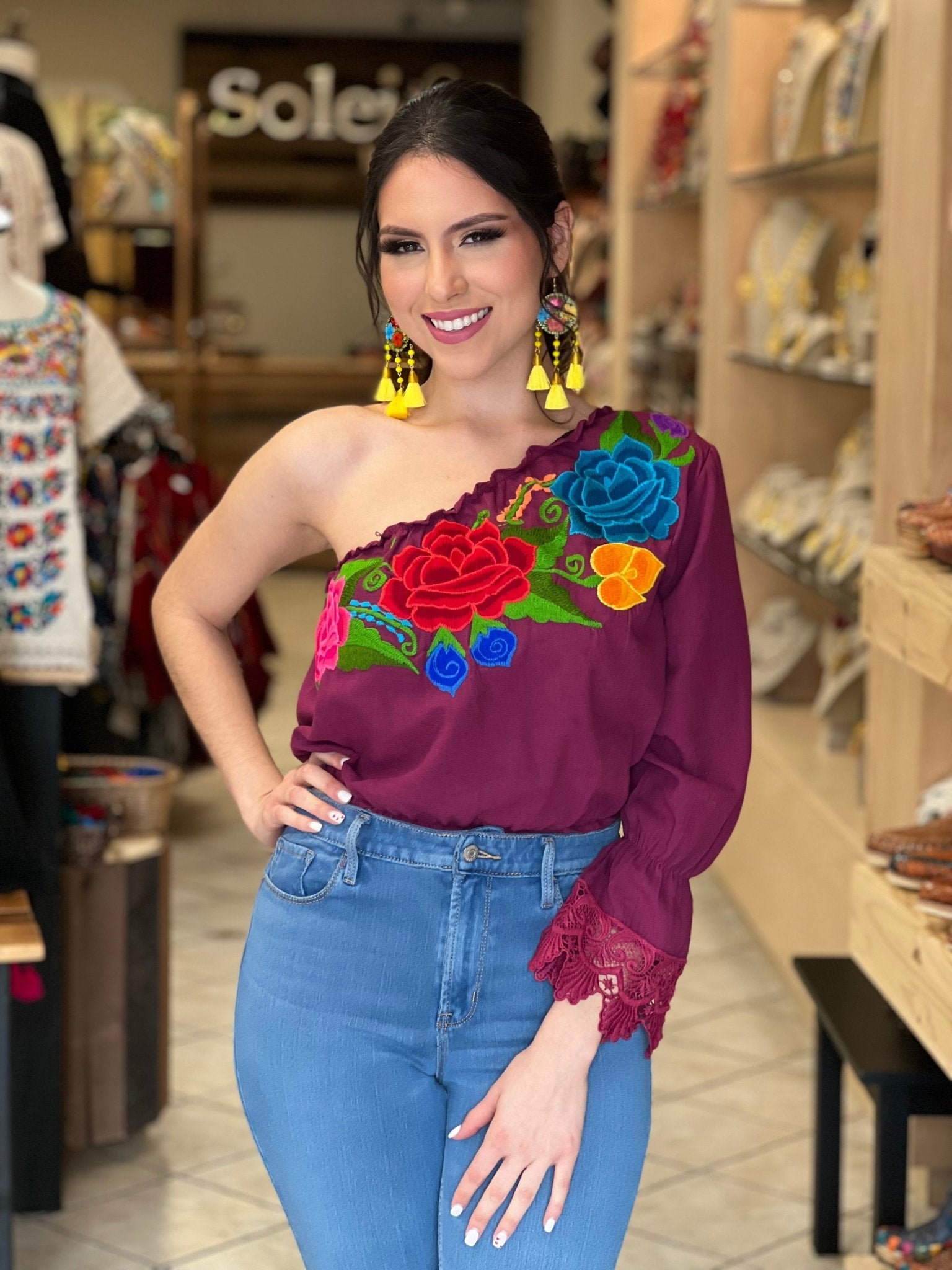 Floral One Shoulder Artisanal Crop Top. Mexican Embroidered Top. Zulema Deluxe Crop Top. - Solei Store