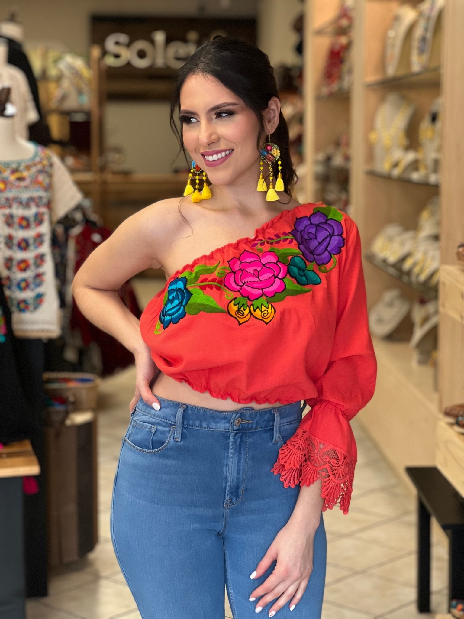 Floral One Shoulder Artisanal Crop Top. Mexican Embroidered Top. Zulema Deluxe Crop Top. - Solei Store