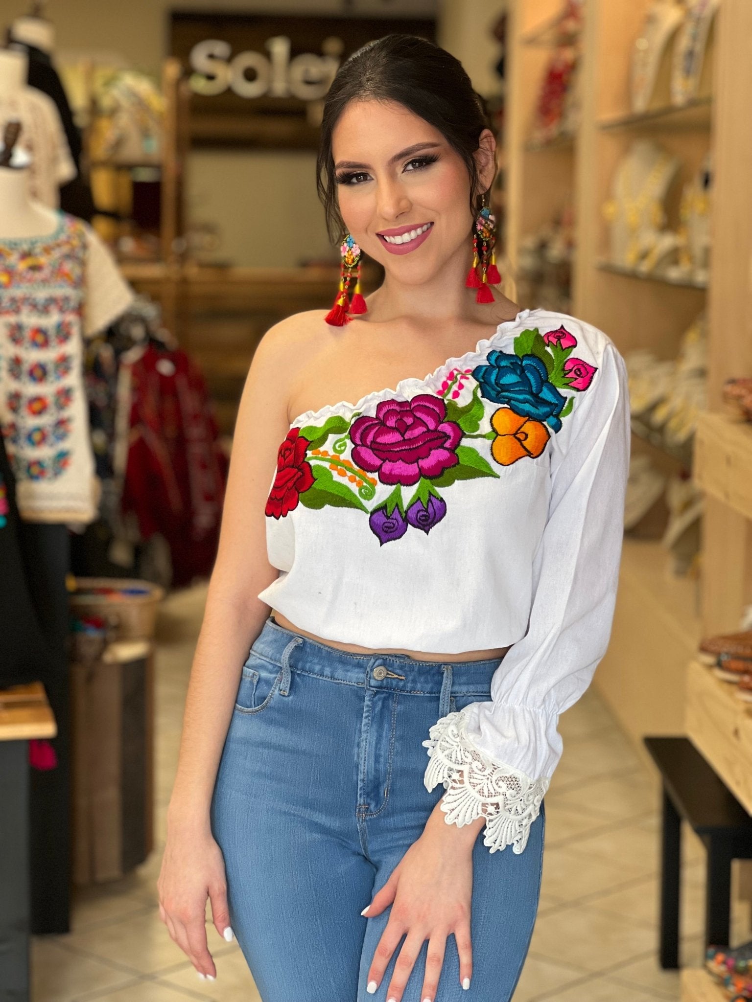 Floral One Shoulder Artisanal Crop Top. Mexican Embroidered Top. Zulema Deluxe Crop Top. - Solei Store