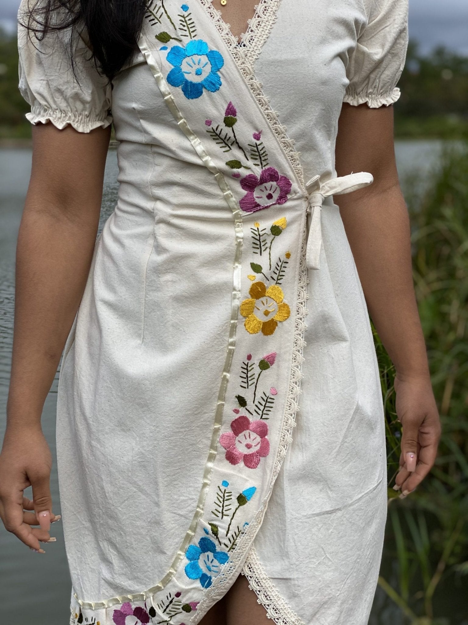 Mexican Hand Embroidered Wrap Dress in Beige