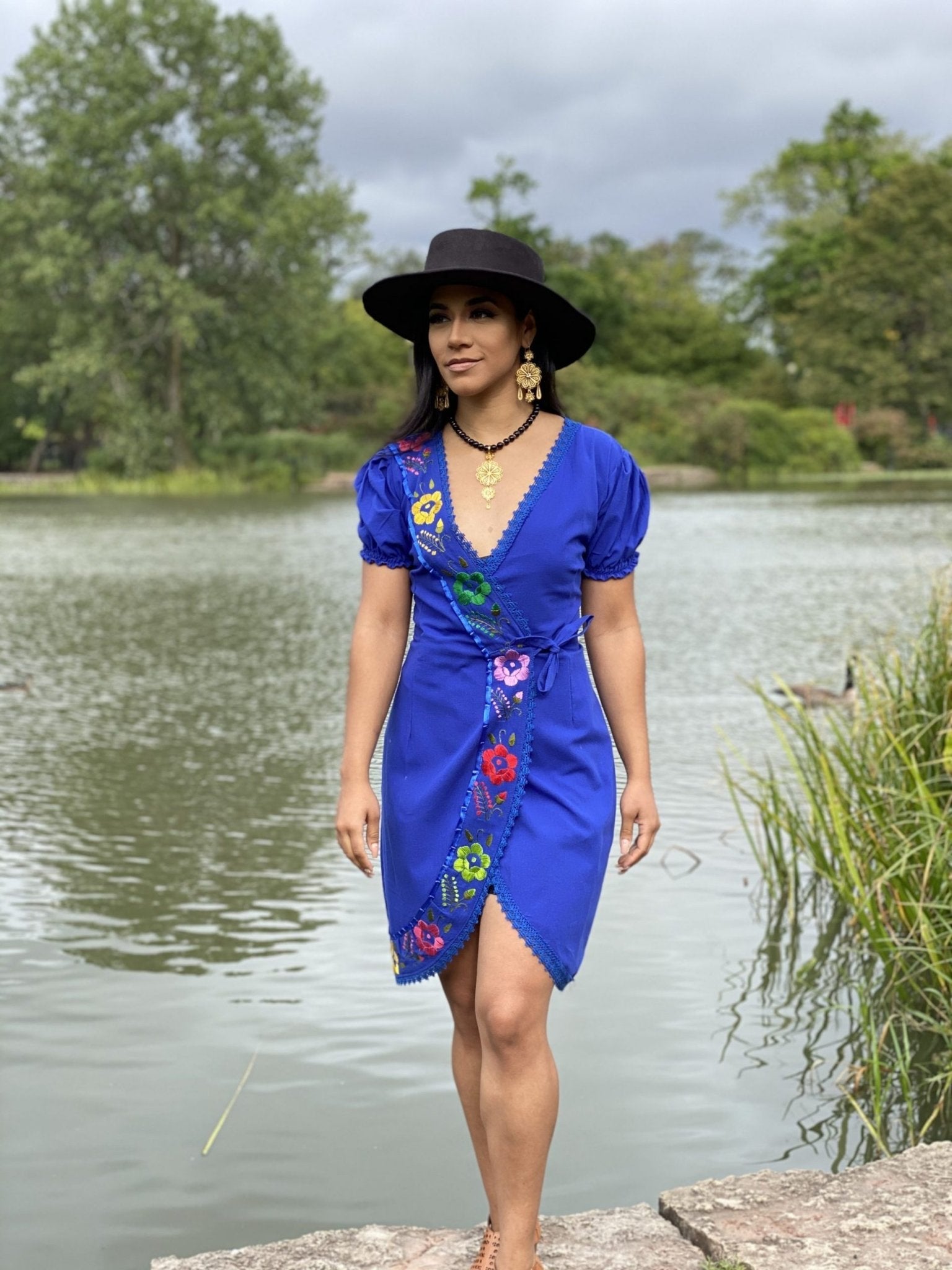 Mexican Hand Embroidered Wrap Dress in Royal Blue