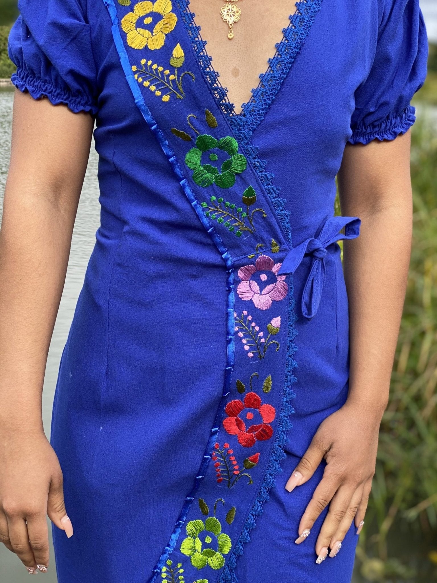 Mexican Hand Embroidered Wrap Dress in Royal Blue