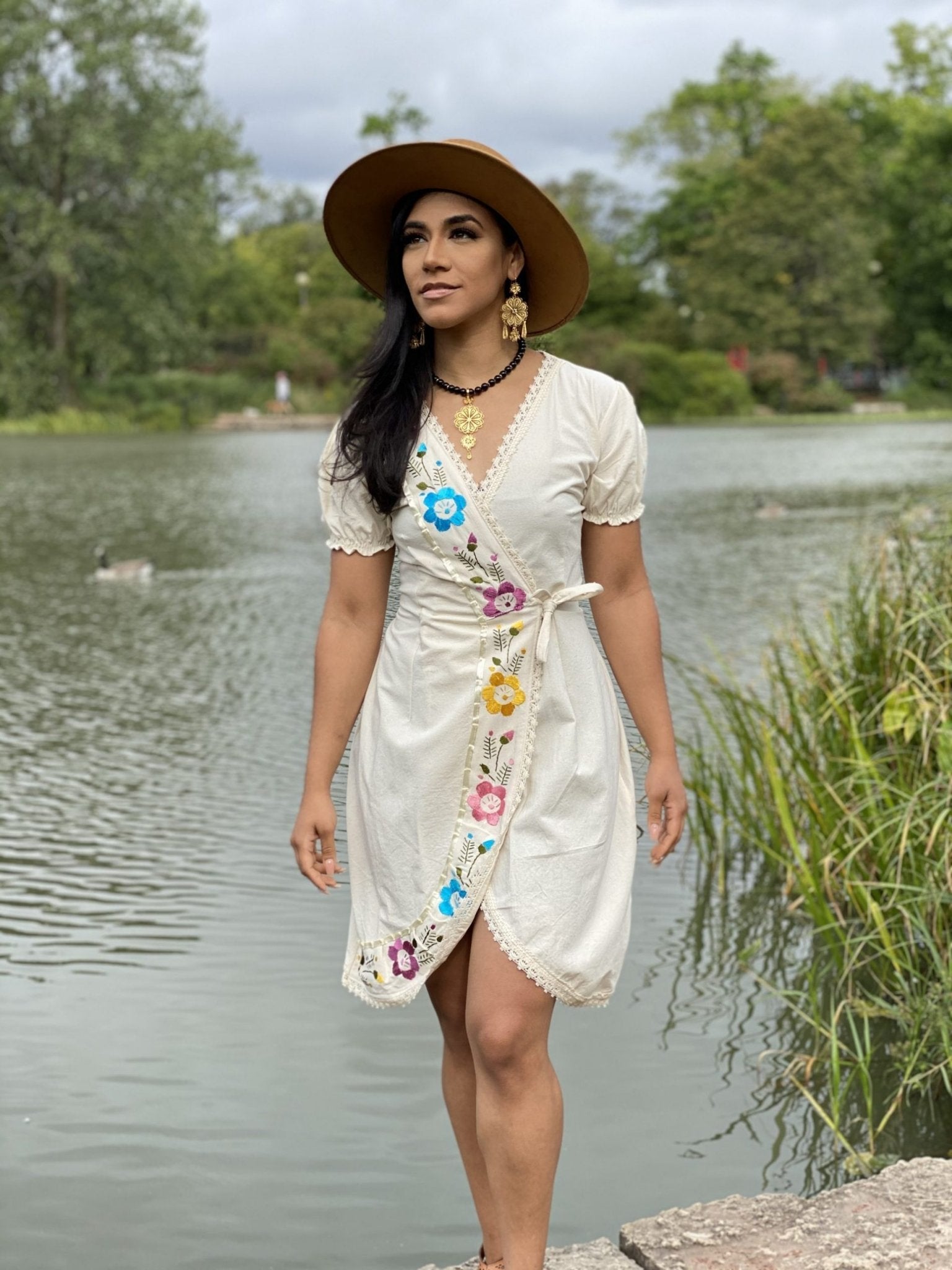 Mexican Hand Embroidered Wrap Dress in Beige