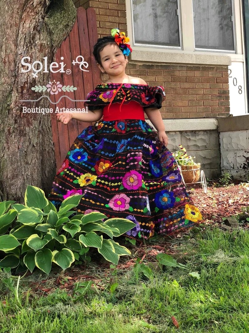 Girl’s Mexican Chiapaneco Hand Embroidered Dress. Chiapaneco Dress for Girls - Solei Store