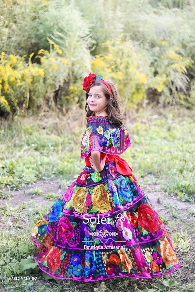 Girls Mexican Chiapaneco Hand Embroidered Dress. Chiapaneco Dress for Girls - Solei Store
