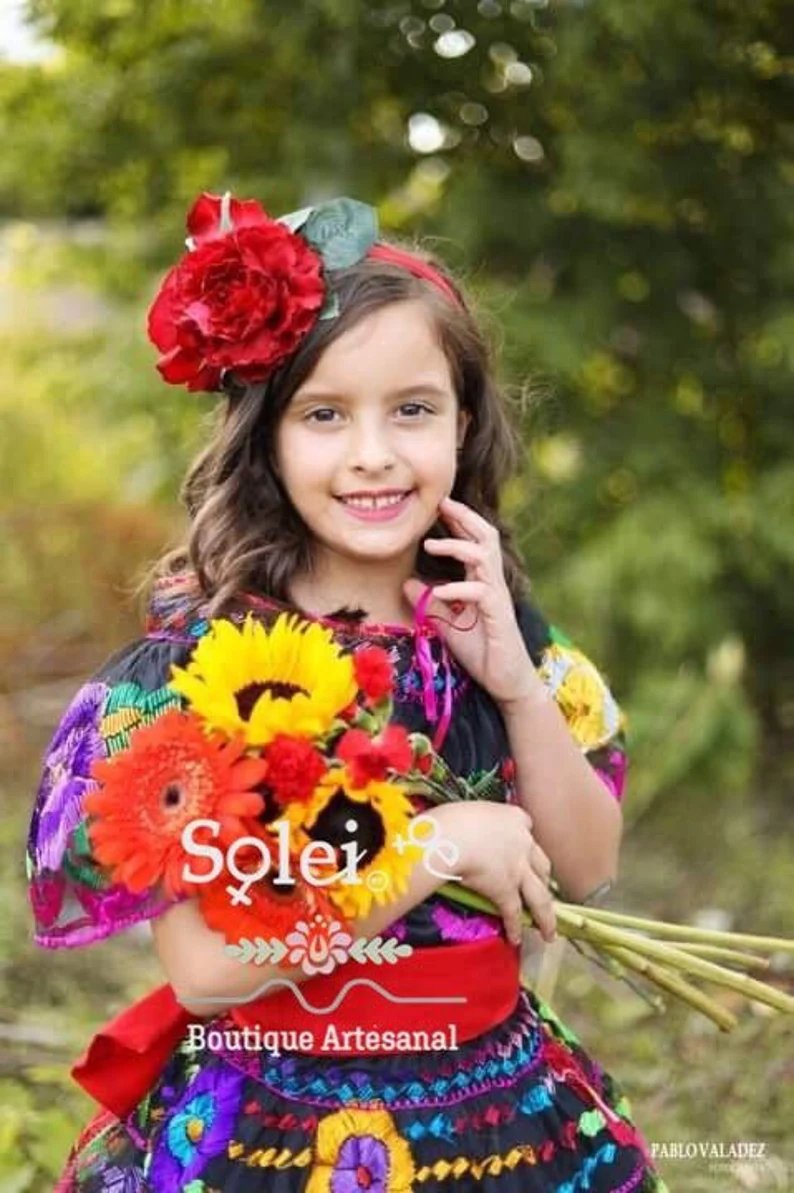 Girls Mexican Chiapaneco Hand Embroidered Dress. Chiapaneco Dress for Girls - Solei Store