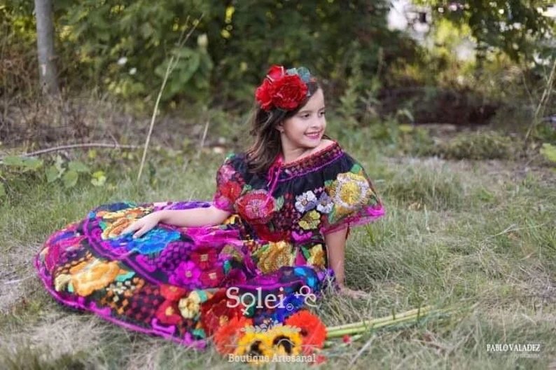 Girls Mexican Chiapaneco Hand Embroidered Dress. Chiapaneco Dress for Girls - Solei Store