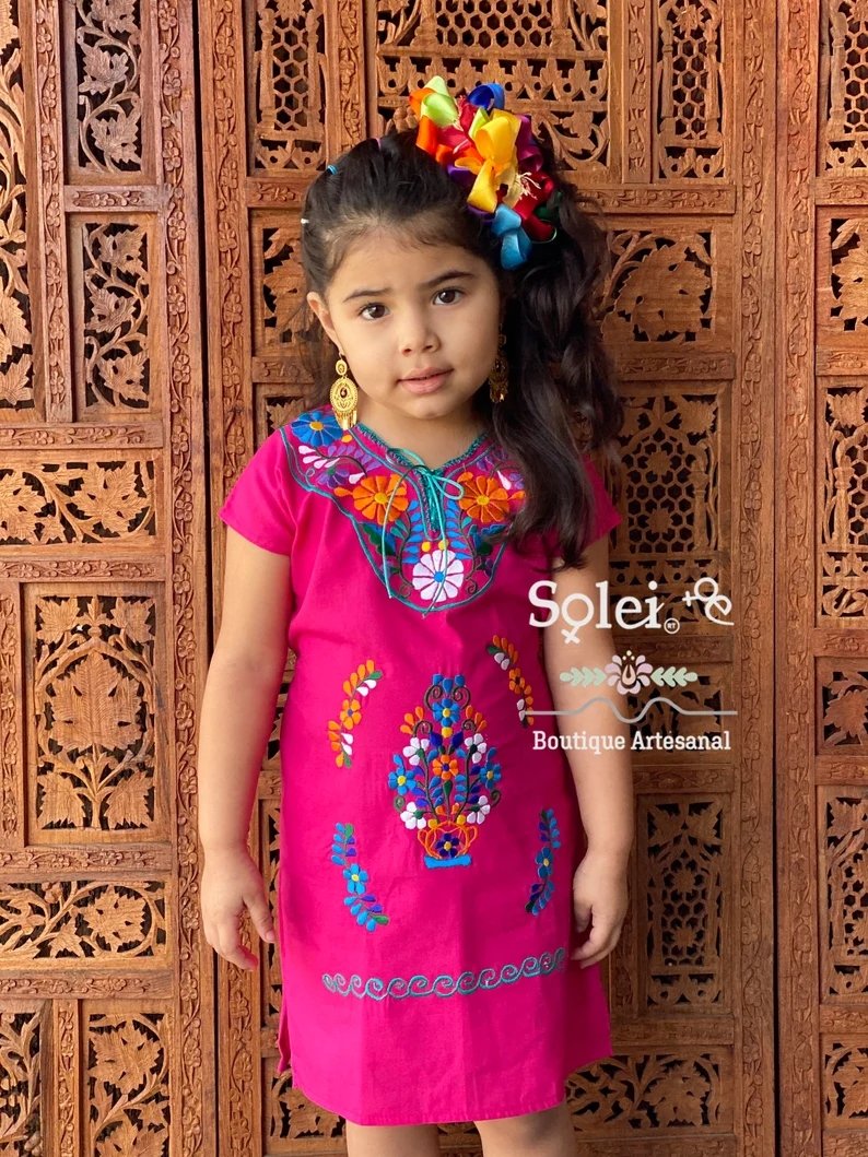 Girl’s Mexican Floral Hand Embroidered Kimono Dress. Girl's Kimono Dress - Solei Store