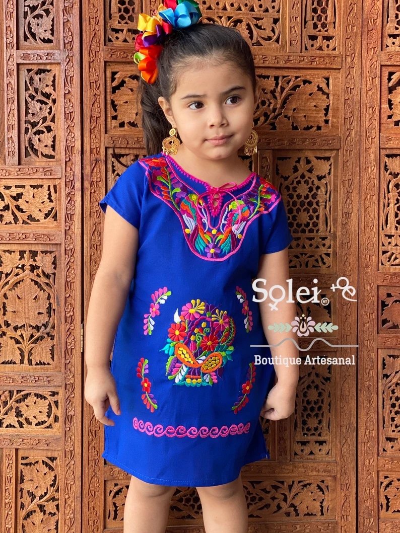 Girl’s Mexican Floral Hand Embroidered Kimono Dress. Girl's Kimono Dress - Solei Store