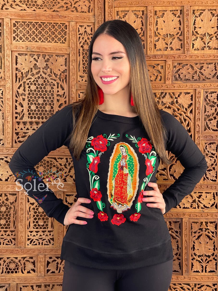 Guadalupe Virgin Embroidered Sweatshirt Mexican Artisanal Sweatshirt - Solei Store