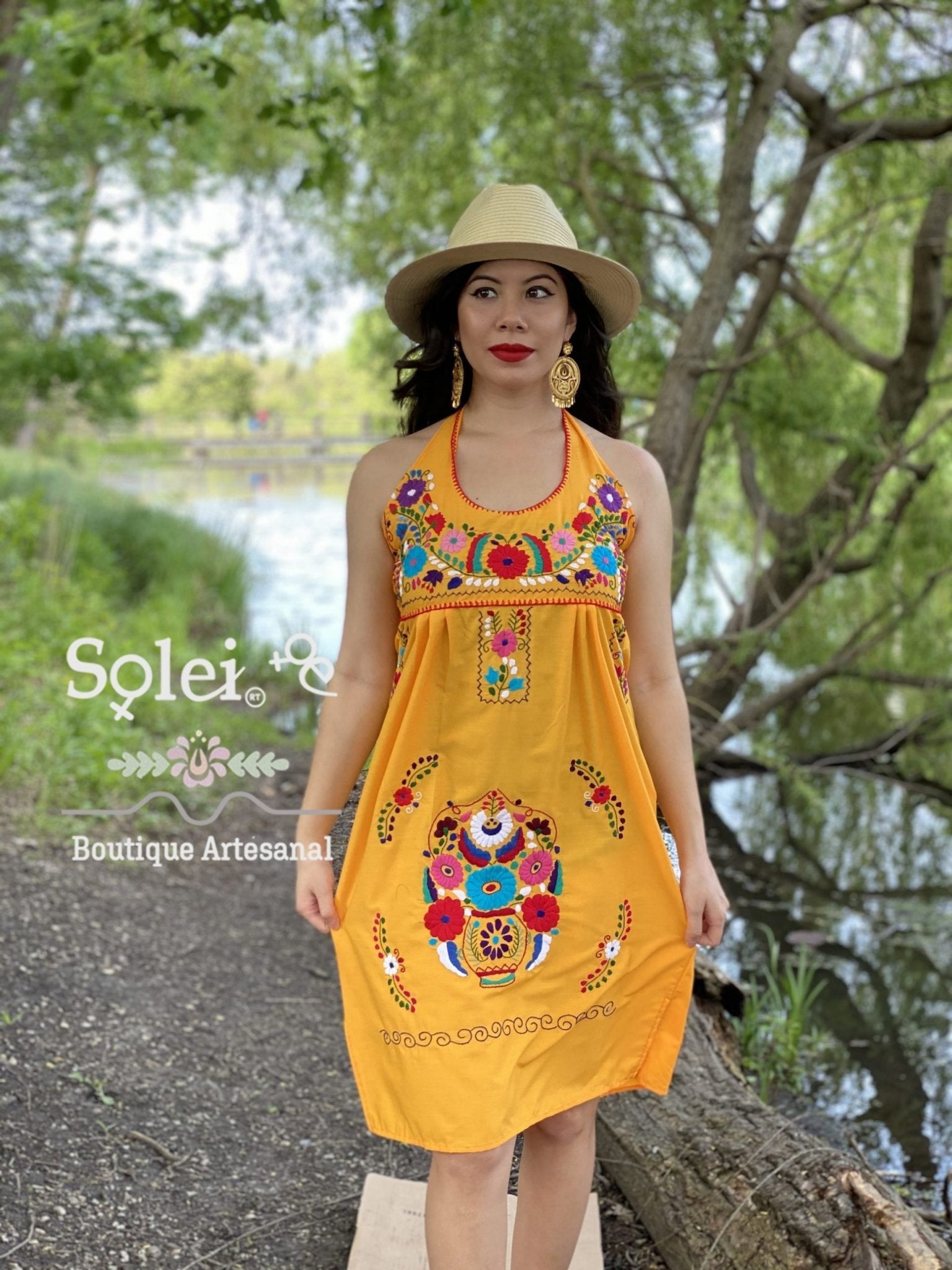 Halter strap neck dress, hand embroidered floral dress. - Solei Store