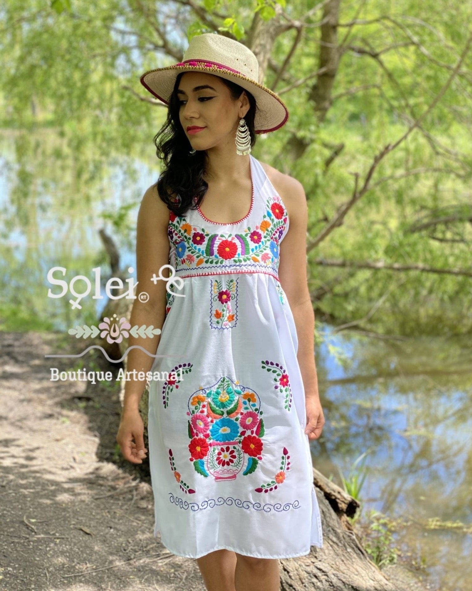Halter strap neck dress, hand embroidered floral dress. - Solei Store