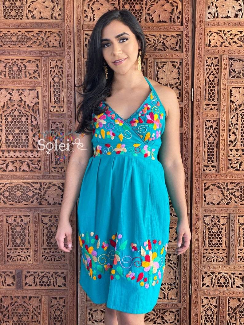 Hand embroidered Mexican floral dress. Beautiful summer halter dress. - Solei Store