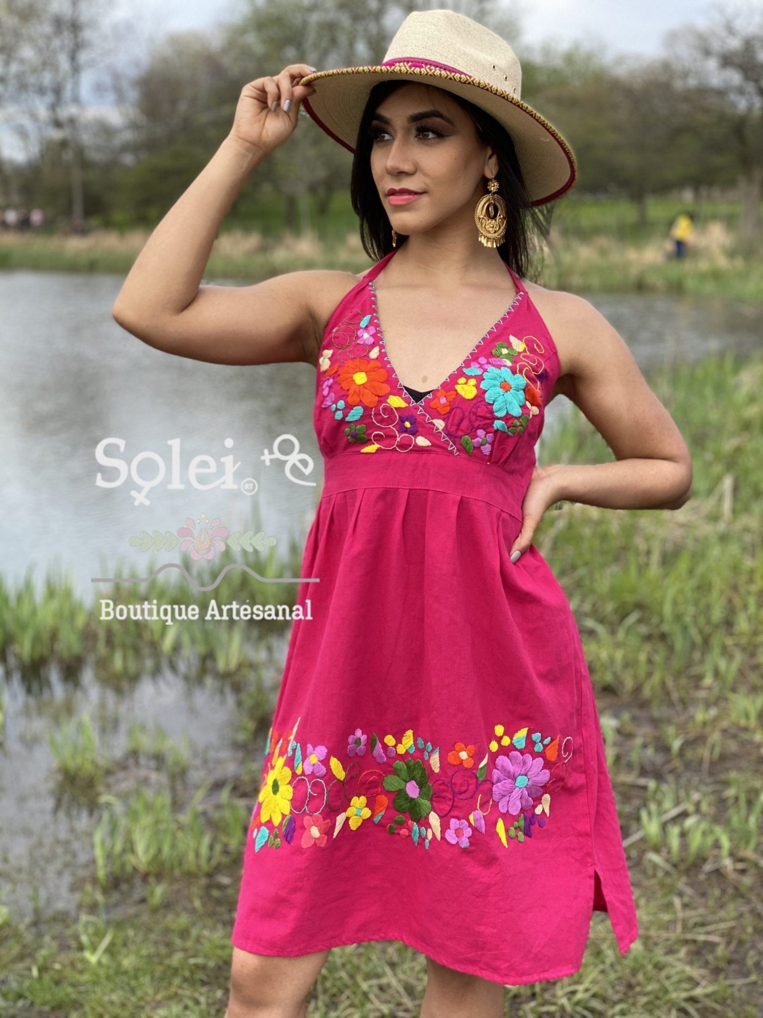 Hand embroidered Mexican floral dress. Beautiful summer halter dress. - Solei Store