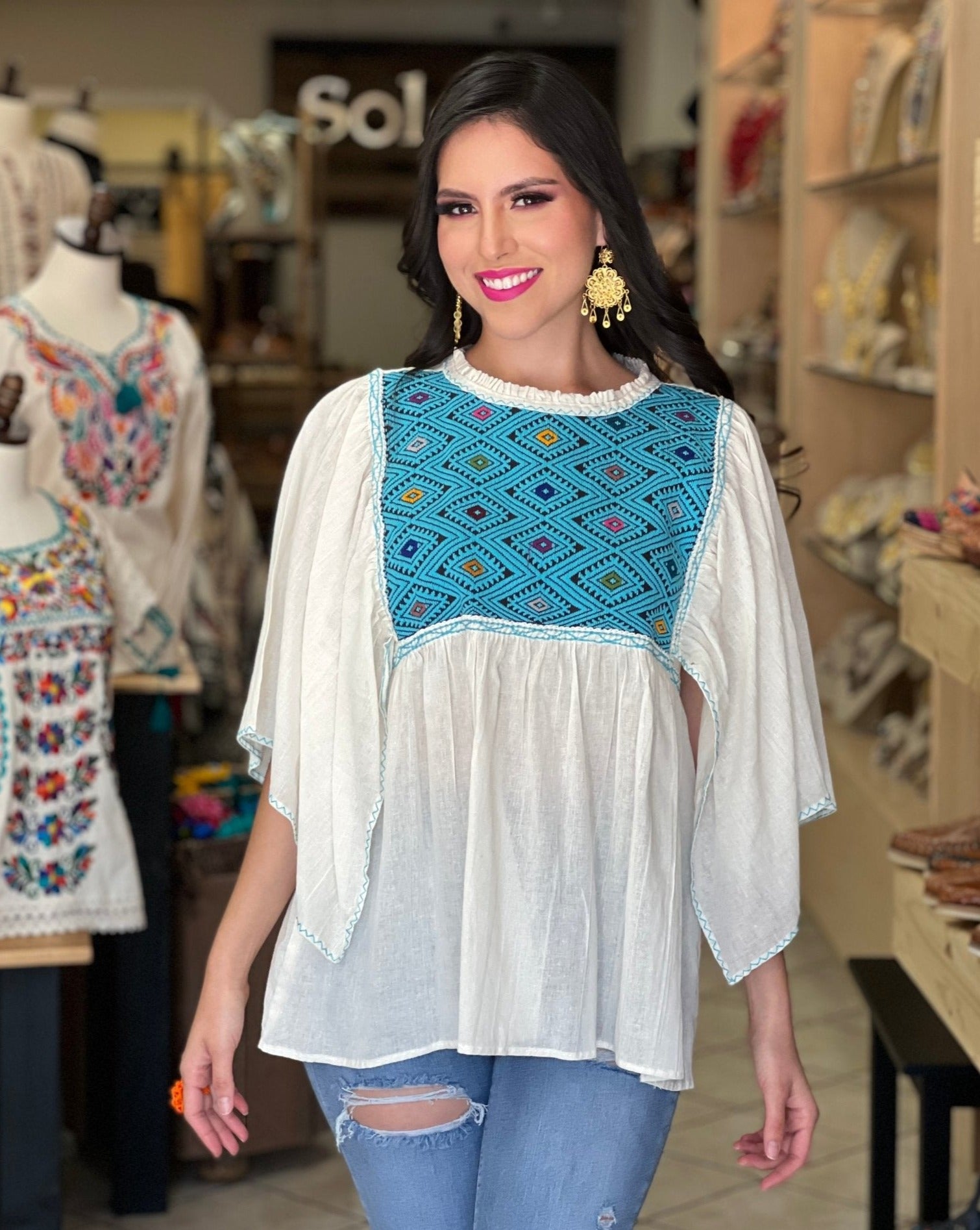 Hand Embroidered Mexican Tunic Blouse. Luz Maria Blouse. - Solei Store