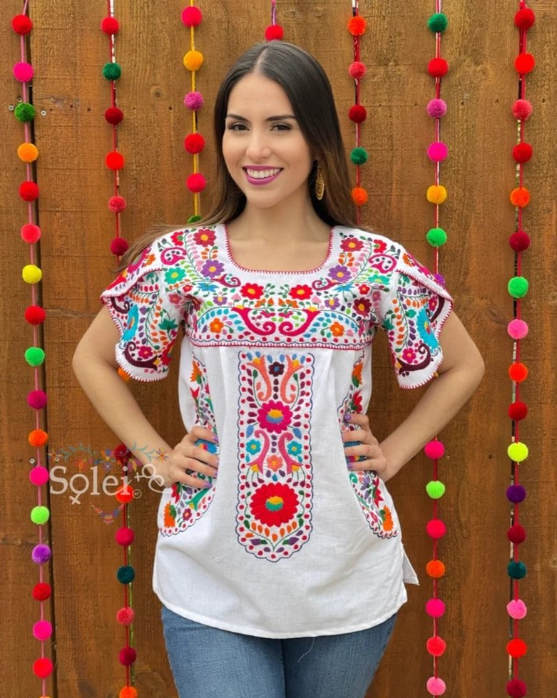 Hand Embroidered Multicolor Blouse. Floral Mexican Artisanal Blouse. Camelia Blouse - Solei Store