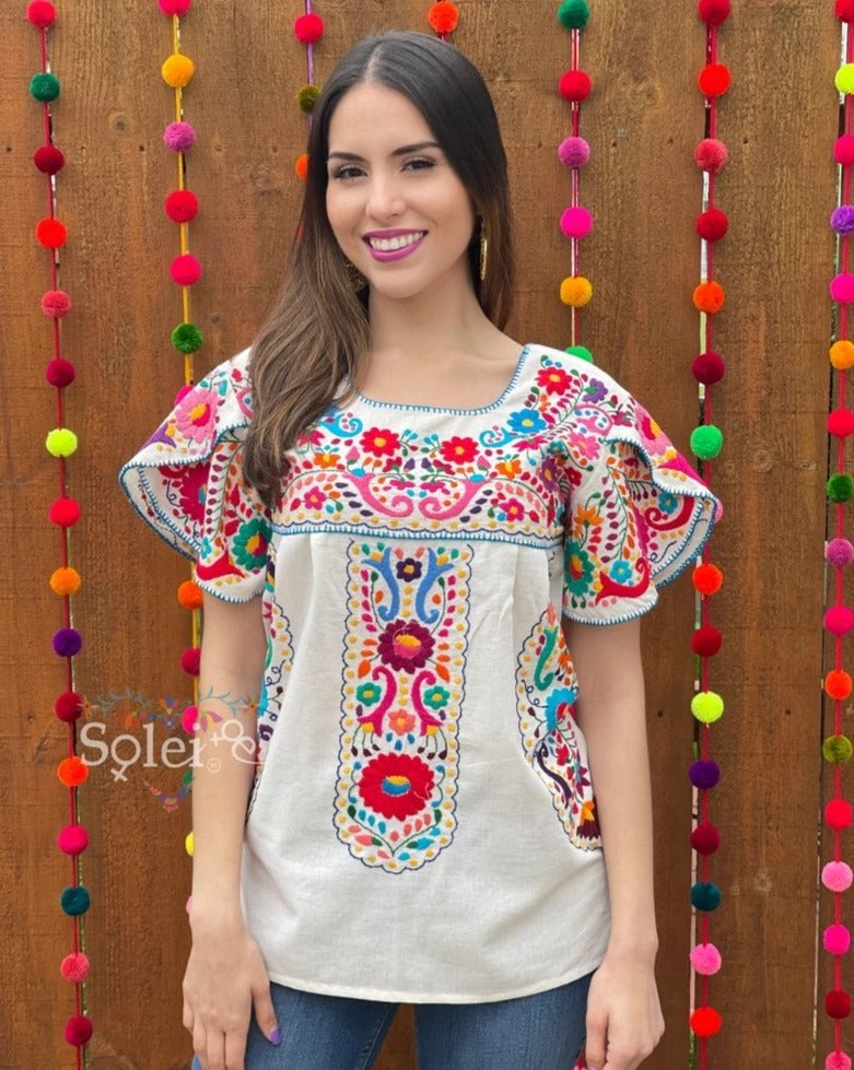 Hand Embroidered Multicolor Blouse. Floral Mexican Artisanal Blouse. Camelia Blouse - Solei Store