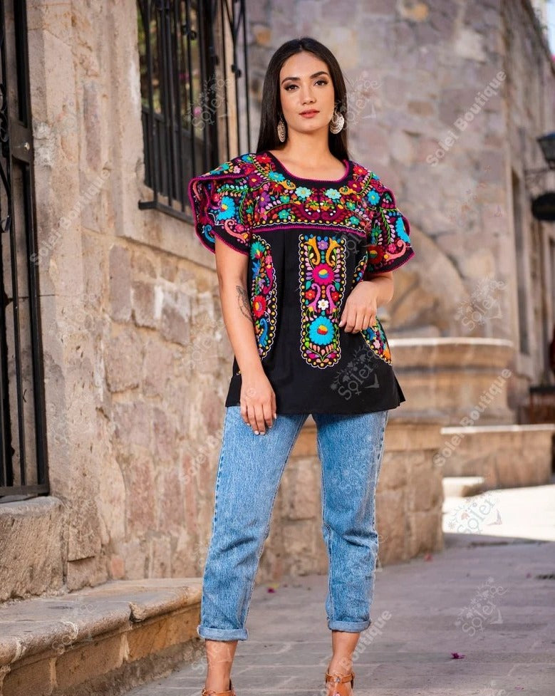 Hand Embroidered Multicolor Blouse. Floral Mexican Artisanal Blouse. Camelia Blouse - Solei Store
