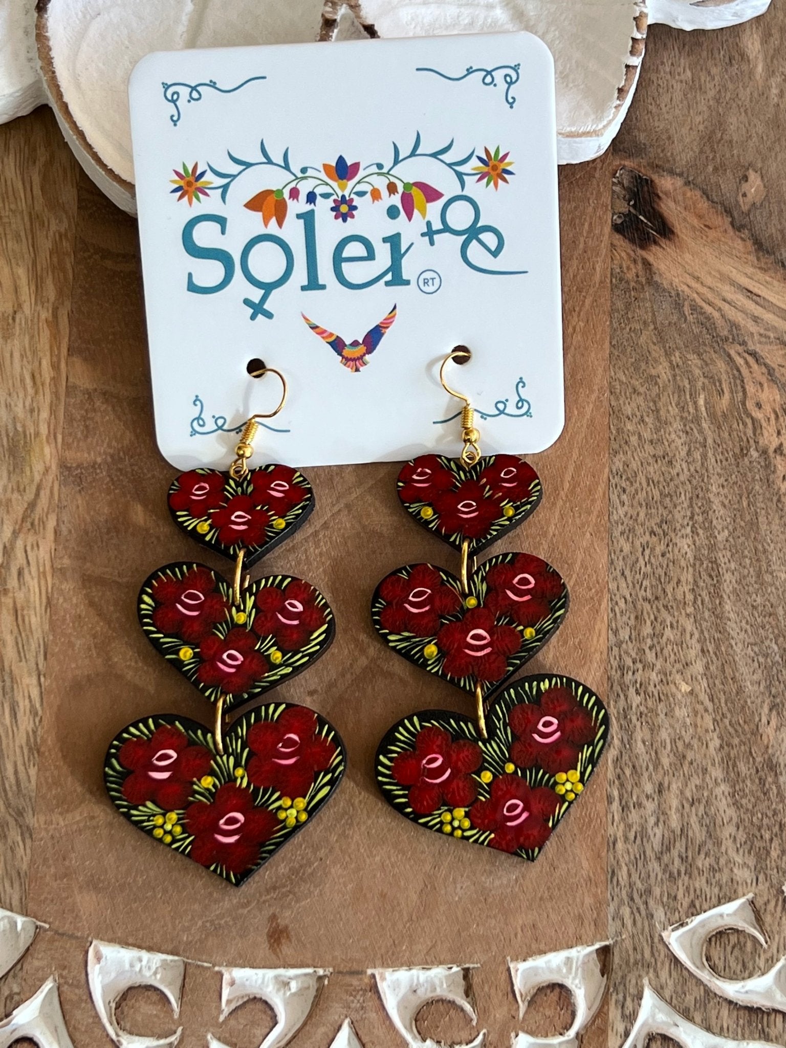 Hand Painted Dangle Artisanal Earrings. Aretes Corazones. - Solei Store