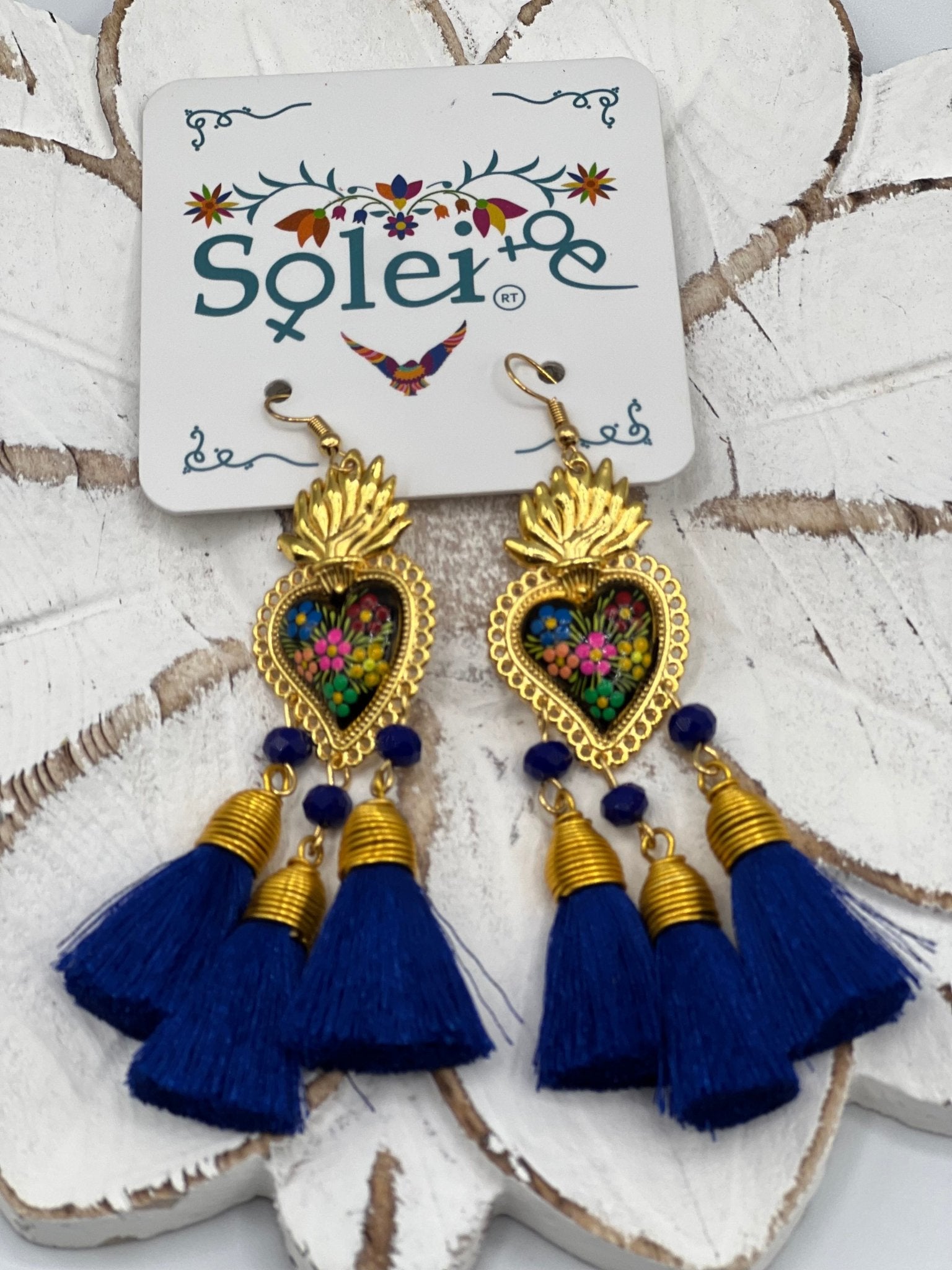 Hand Painted Heart Tassle Earrings. Corazon Sagrado 3 Borlas Earrings. - Solei Store