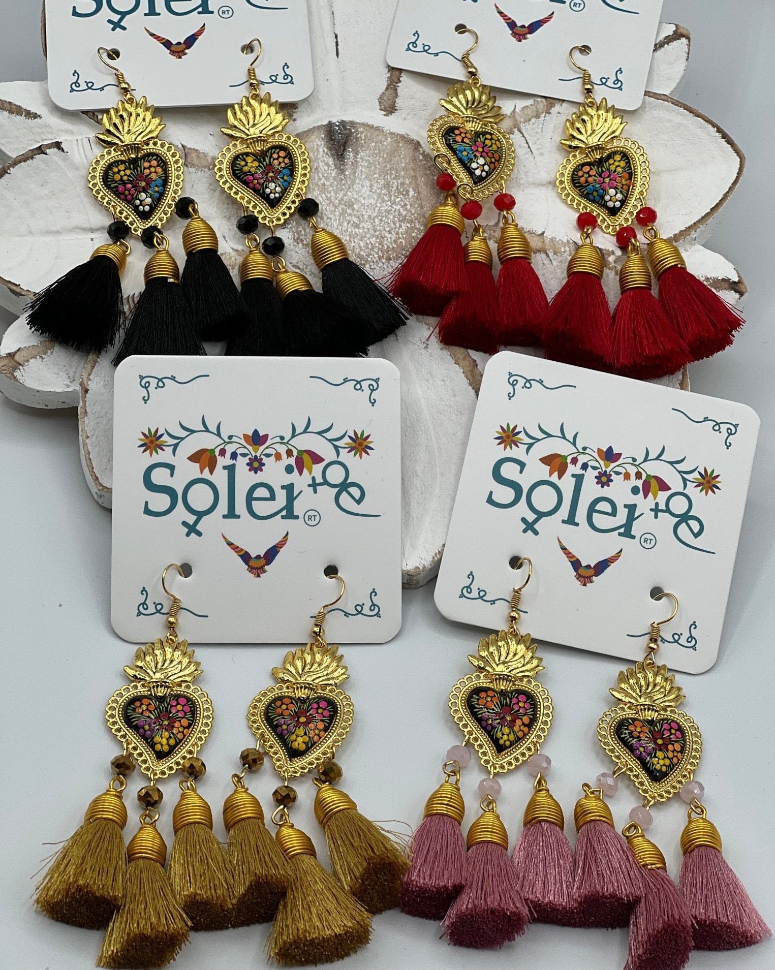 Hand Painted Heart Tassle Earrings. Corazon Sagrado 3 Borlas Earrings. - Solei Store