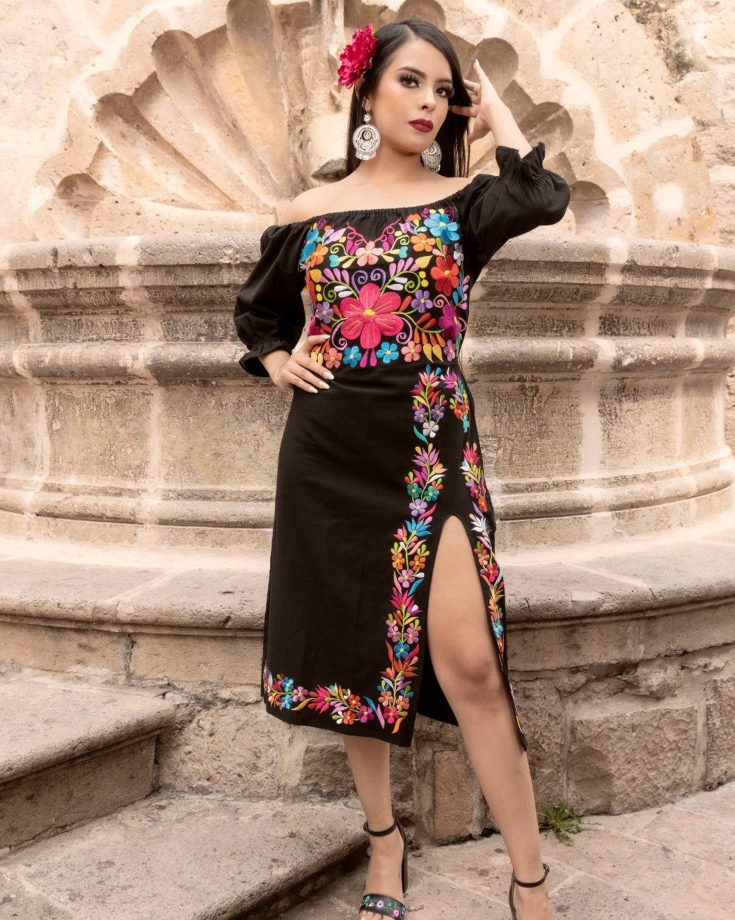 Floral Embroidered Mexican Dress in Black with Multicolor embroidery.