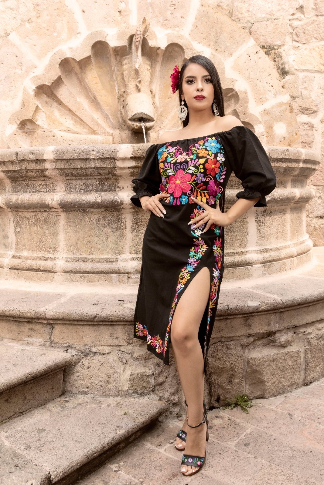 Floral Embroidered Mexican Dress in Black with Multicolor embroidery