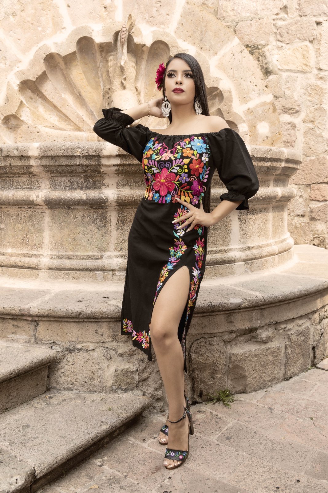 Floral Embroidered Mexican Dress in Black with Multicolor embroidery