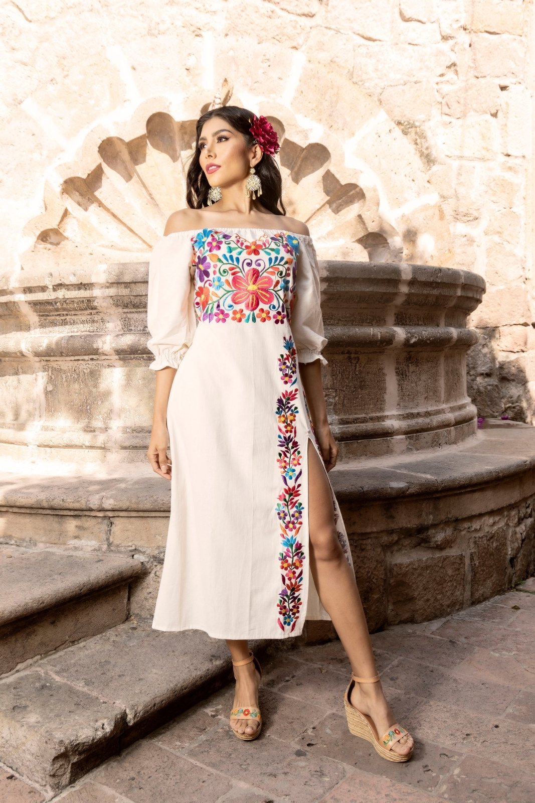 Floral Embroidered Mexican Dress in Beige with Multicolor embroidery