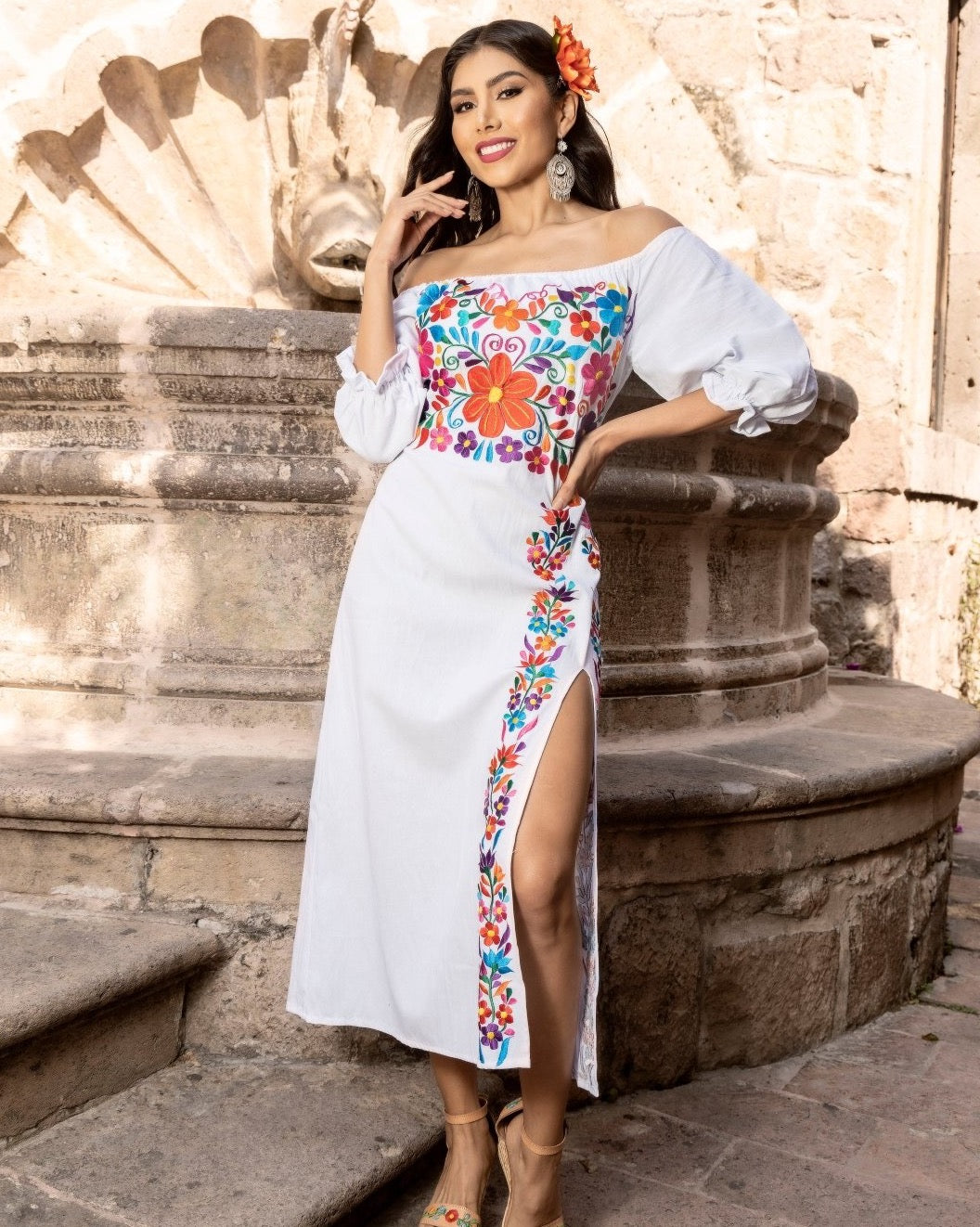 Floral Embroidered Mexican Dress in White with Multicolor embroidery