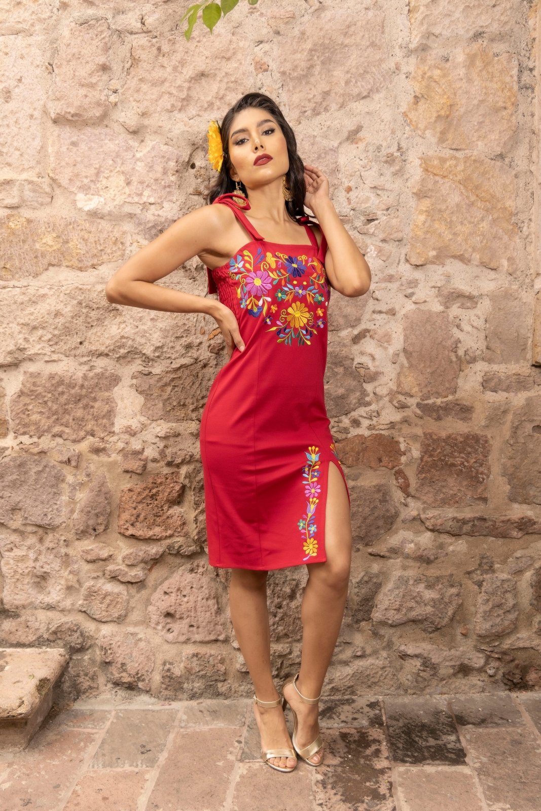 Mexican Embroidered Floral Short Dress in Red with Multicolor embroidery