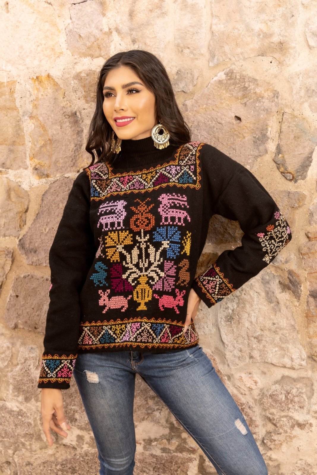 Ethnic Multicolor Knit Sweater. Black Sweater/Ochre Tones Design.