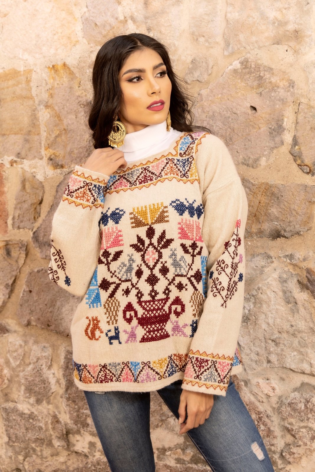 Ethnic Multicolor Knit Sweater. Beige Sweater/Multicolor Design.