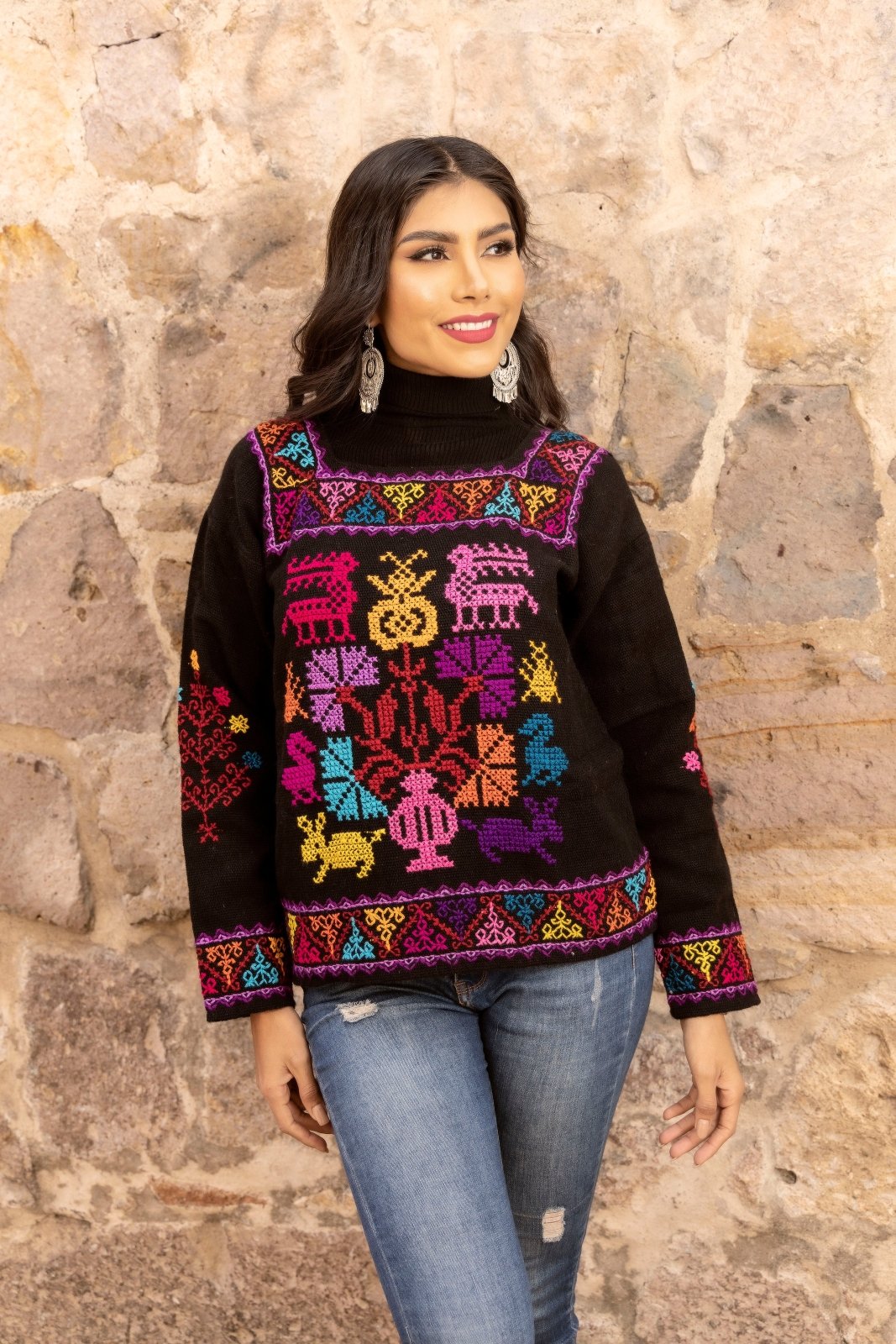 Ethnic Multicolor Knit Sweater. Black Sweater/Multicolor Design.