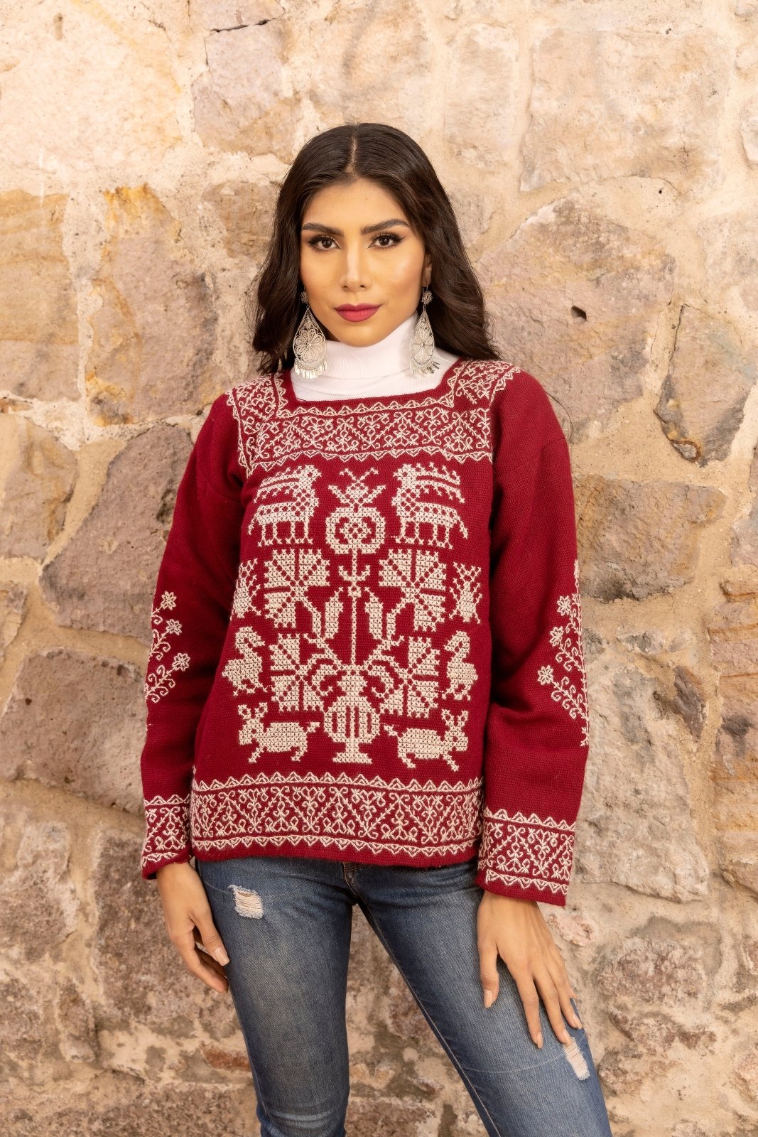 Ethnic Mexican Sweater. Wine Color Sweater, Beige Design.