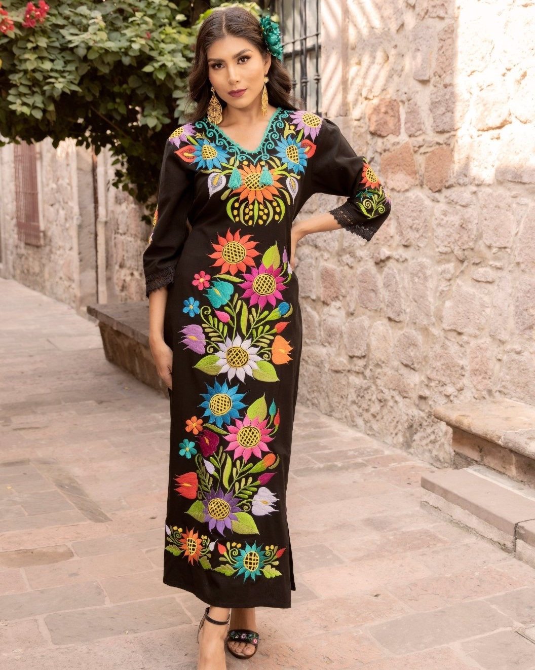 Multicolor Floral Mexican Dress. Black Dress-Multicolor Sunflower Design