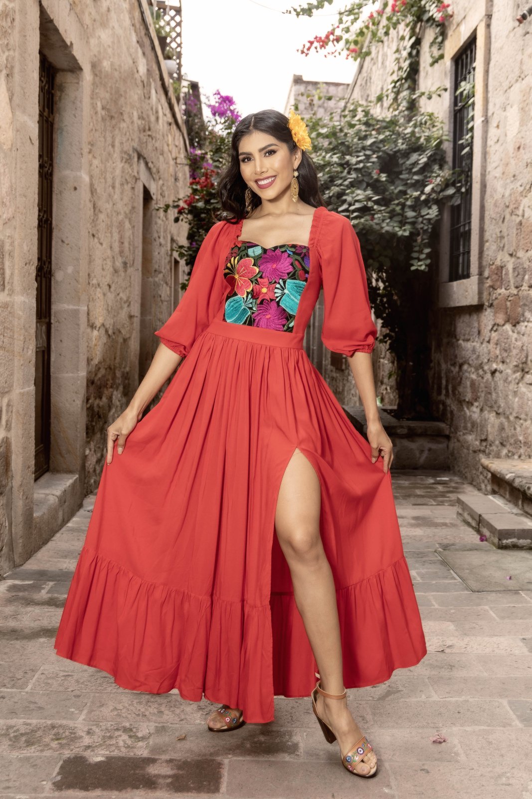 Multicolor Floral Mexican Dress. Red Dress-Multicolor Floral Design