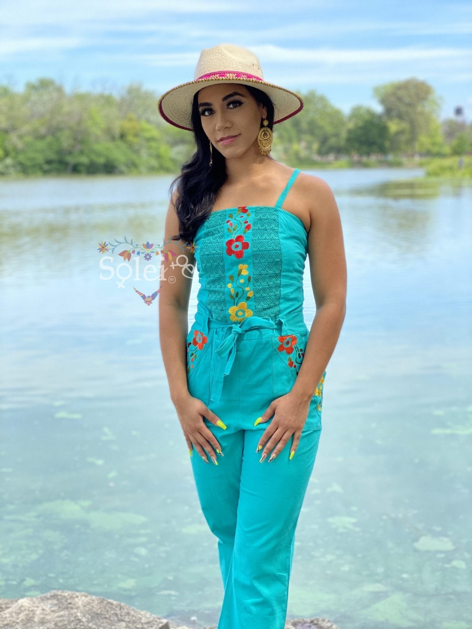 Jumpsuit Vianii. Mexican Floral Hand Embroidered Jumpsuit. - Solei Store