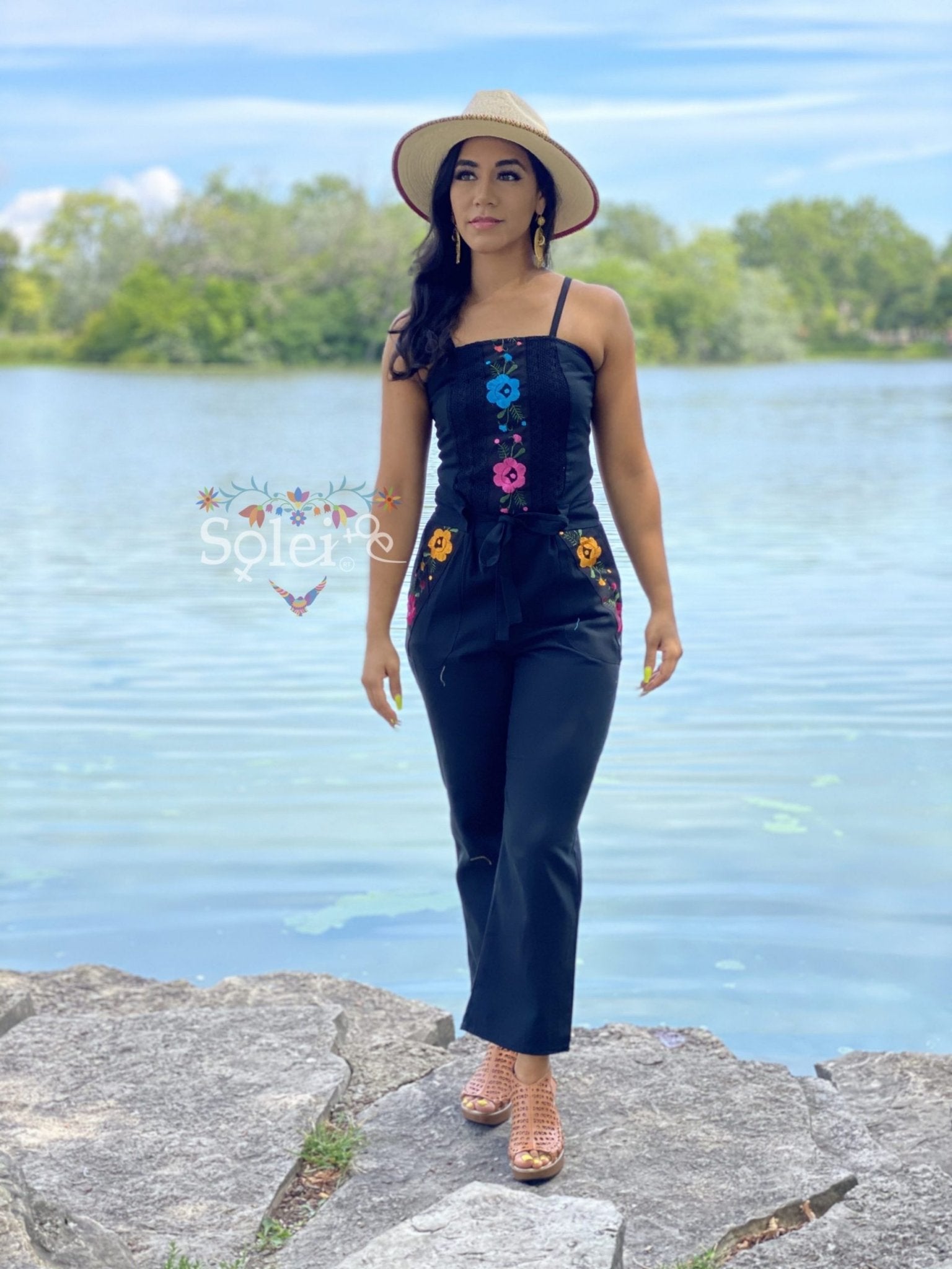 Jumpsuit Vianii. Mexican Floral Hand Embroidered Jumpsuit. - Solei Store