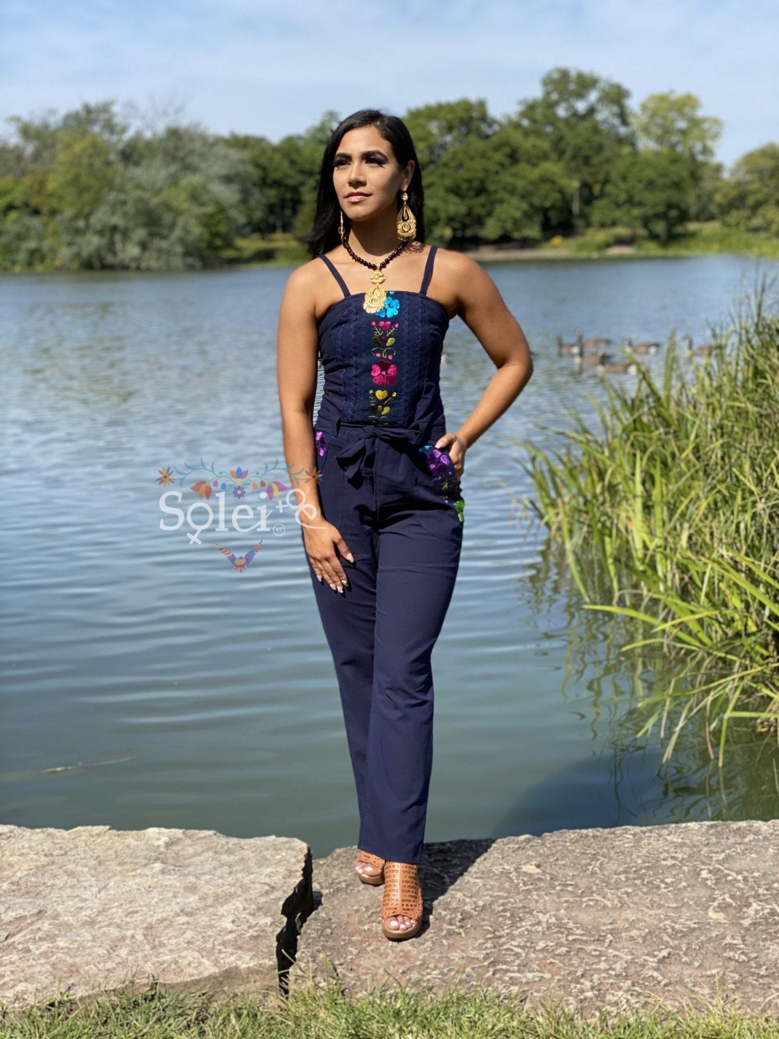 Jumpsuit Vianii. Mexican Floral Hand Embroidered Jumpsuit. - Solei Store