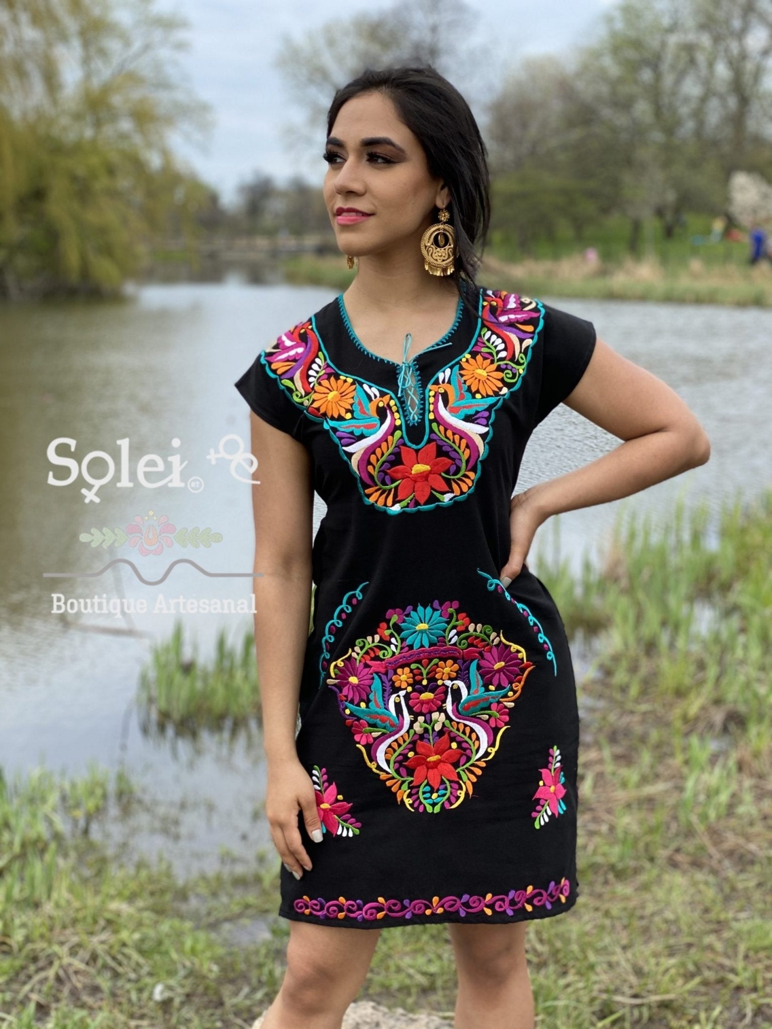Kimono Dress Mexican Midi dress V-neck. Straight cut dress with ties at the back for a snug fit. - Solei Store