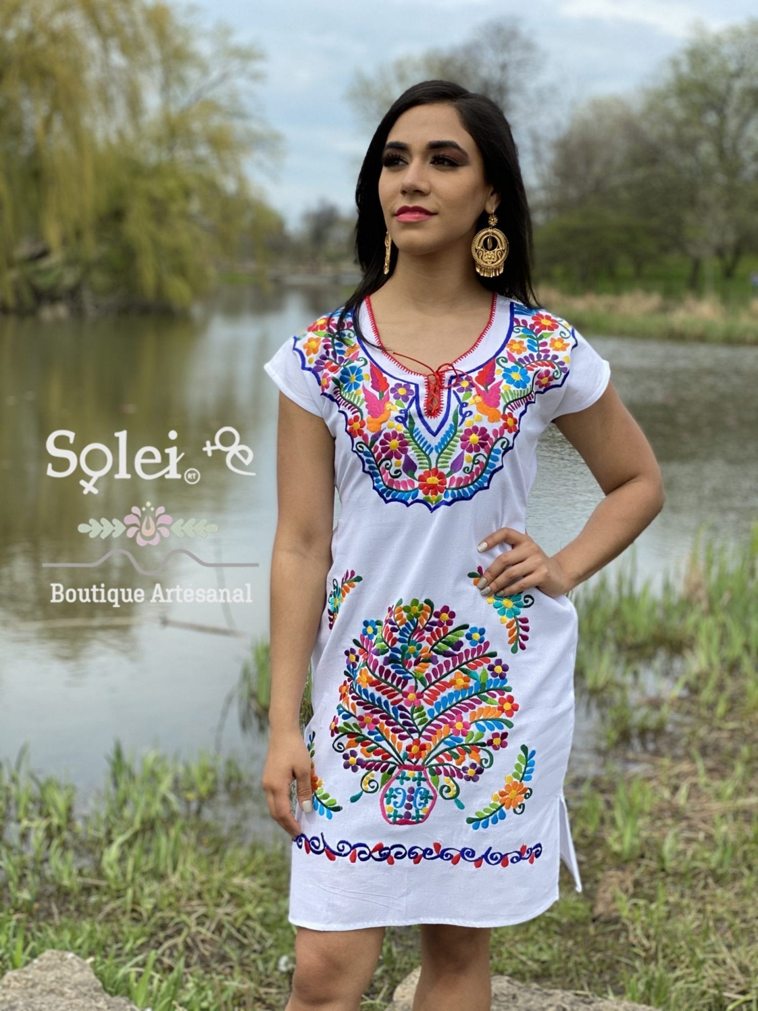 Kimono Dress Mexican Midi dress V-neck. Straight cut dress with ties at the back for a snug fit. - Solei Store