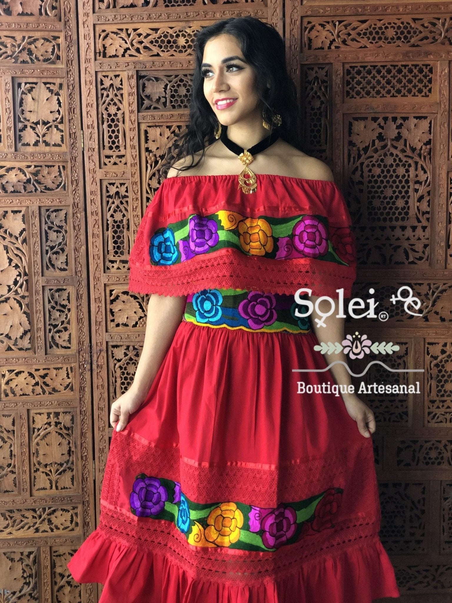 Colorful Mexican Floral Embroidered Dress in Red