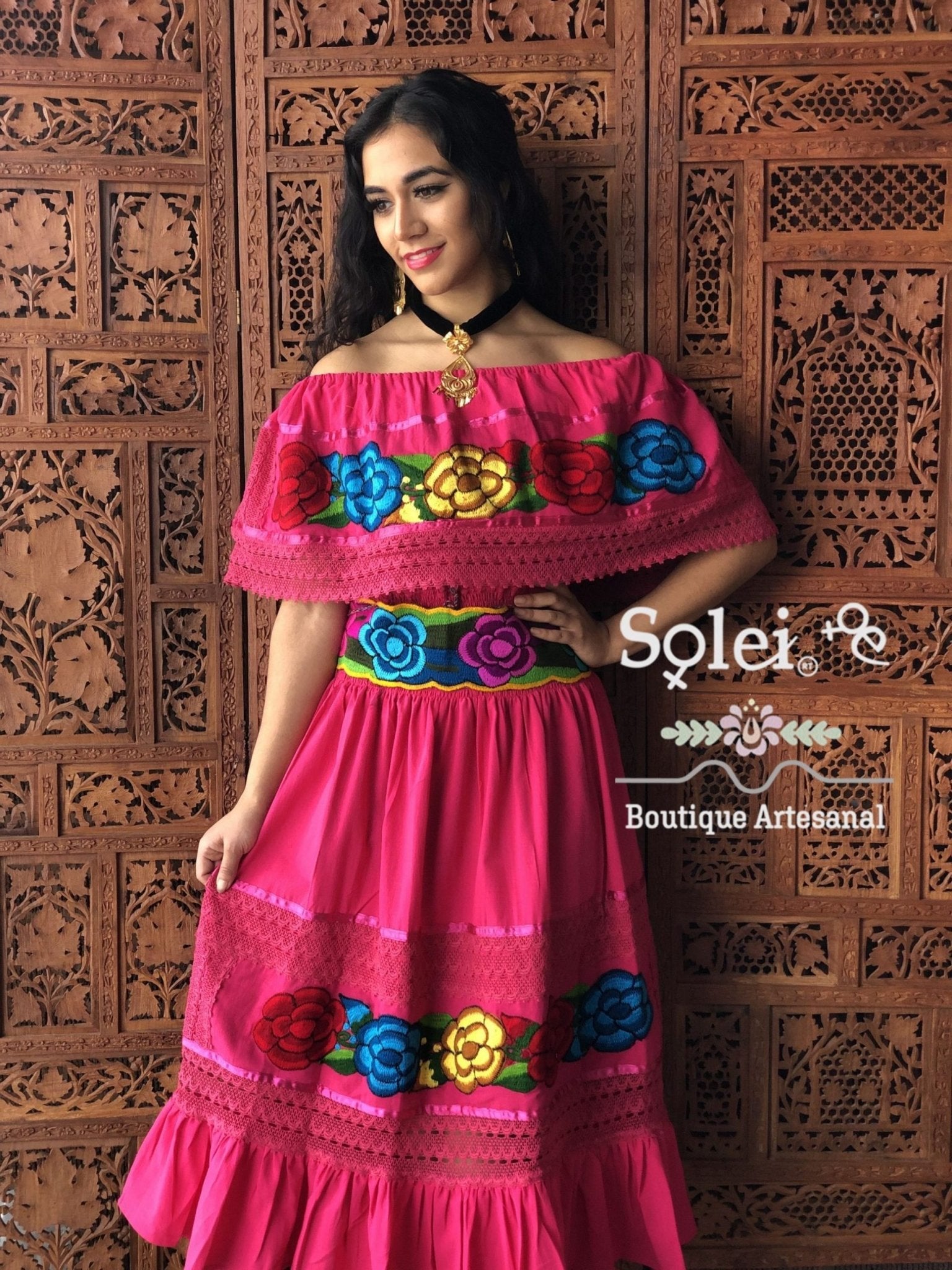 Colorful Mexican Floral Embroidered Dress in Fuchsia