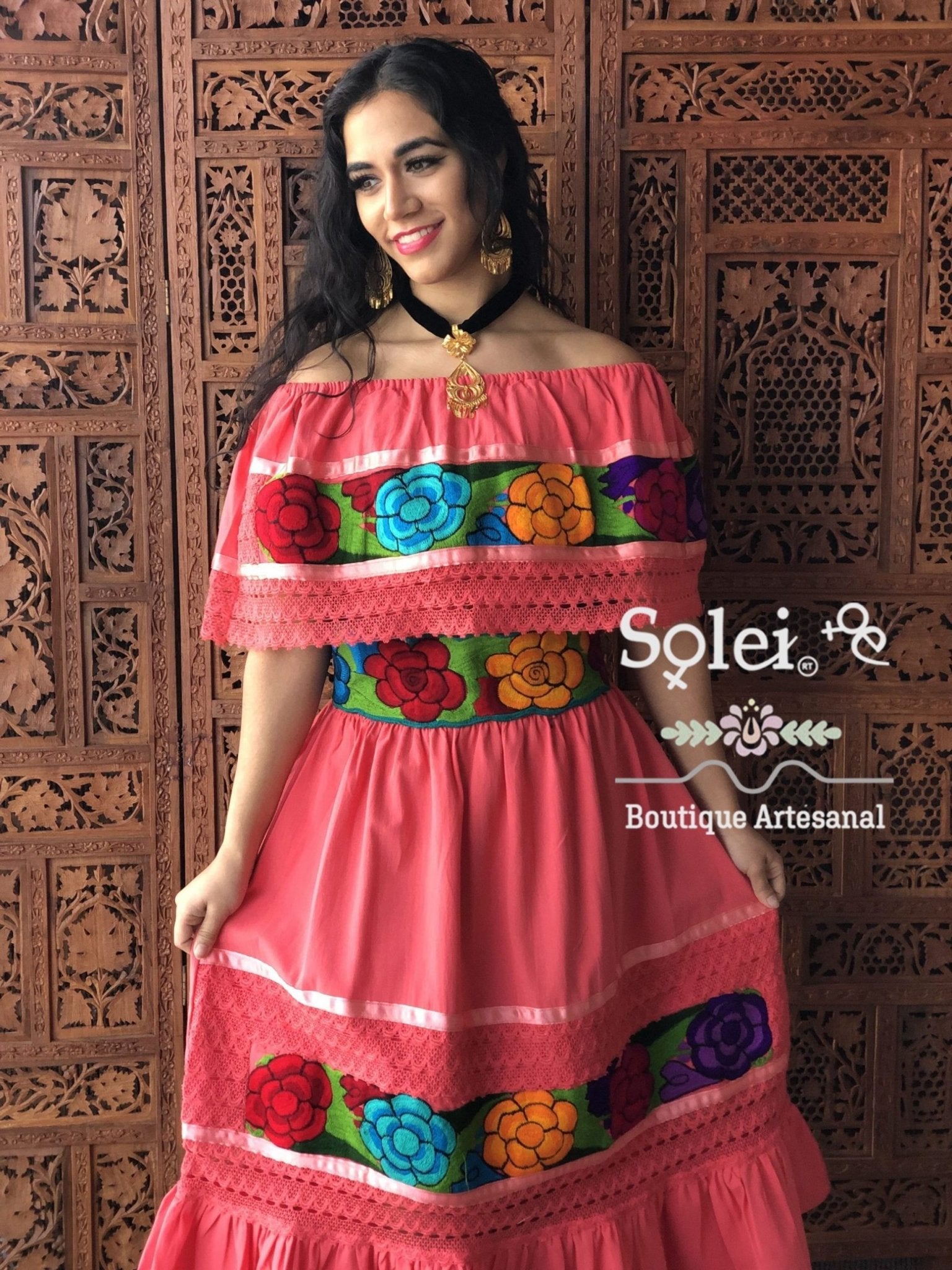 Colorful Mexican Floral Embroidered Dress in Coral