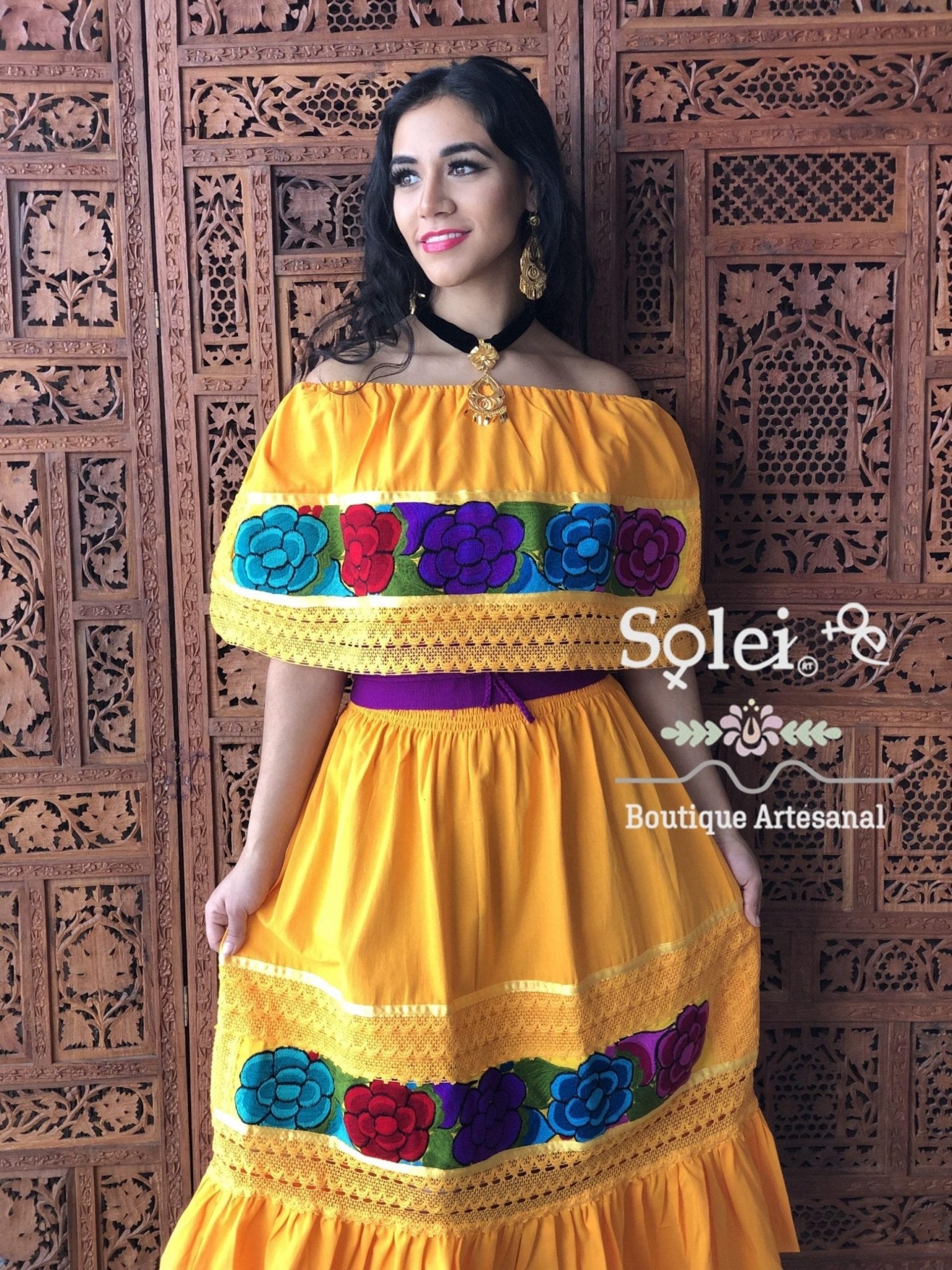 Colorful Mexican Floral Embroidered Dress in Yellow