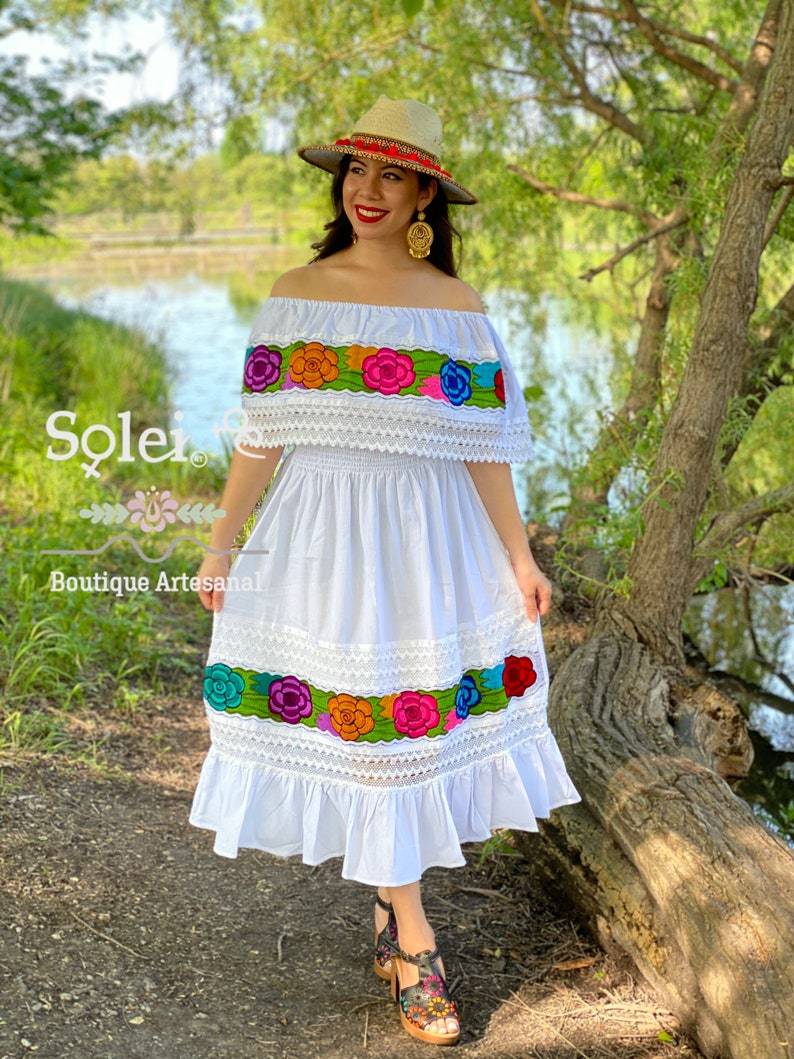 Colorful Mexican Floral Embroidered Dress in White