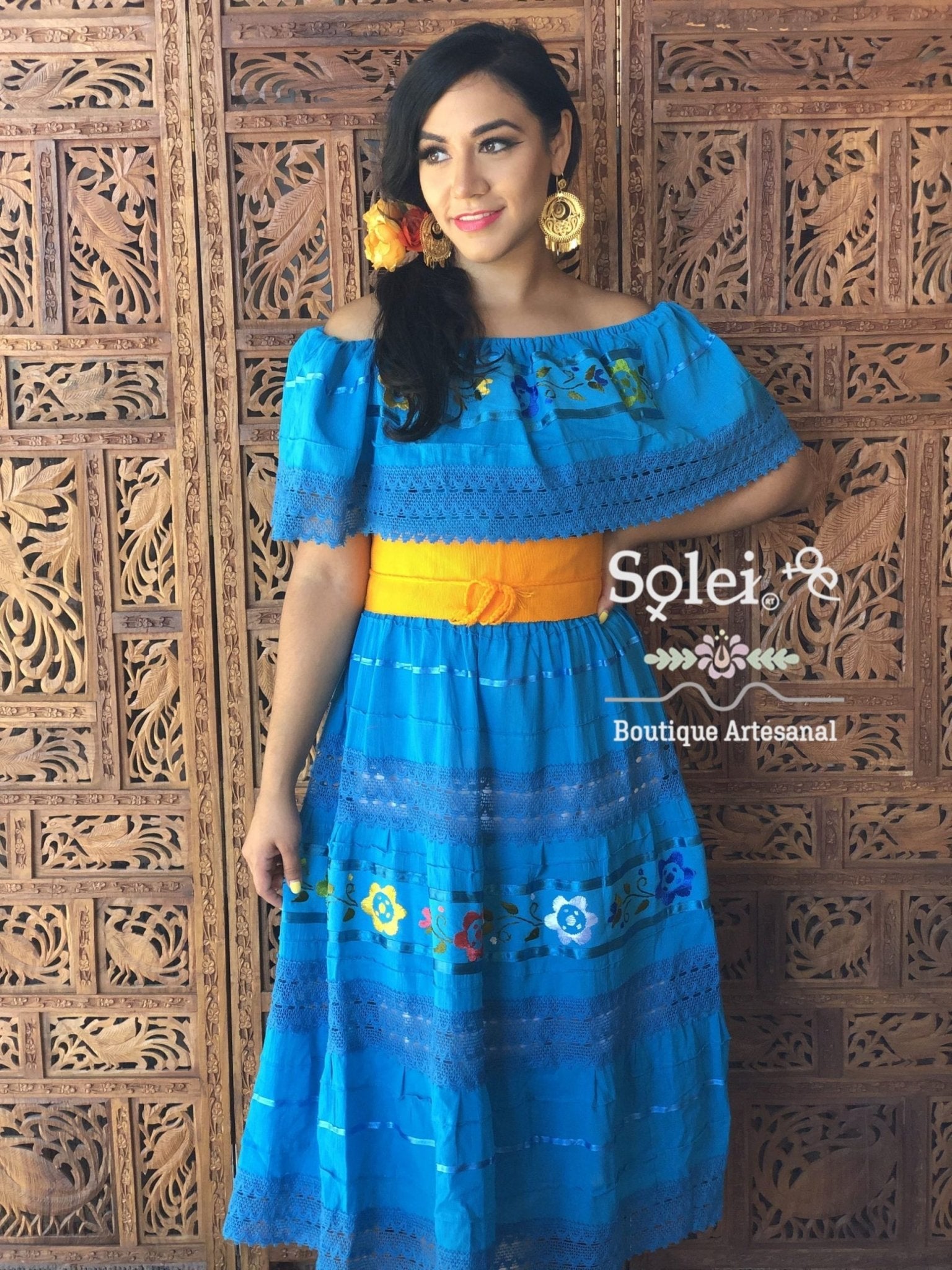 Lace Trim Peasant Dress. Mexican Off the Shoulder Dress. Floral Embroidered Dress. Mexican Artisanal Dress. - Solei Store