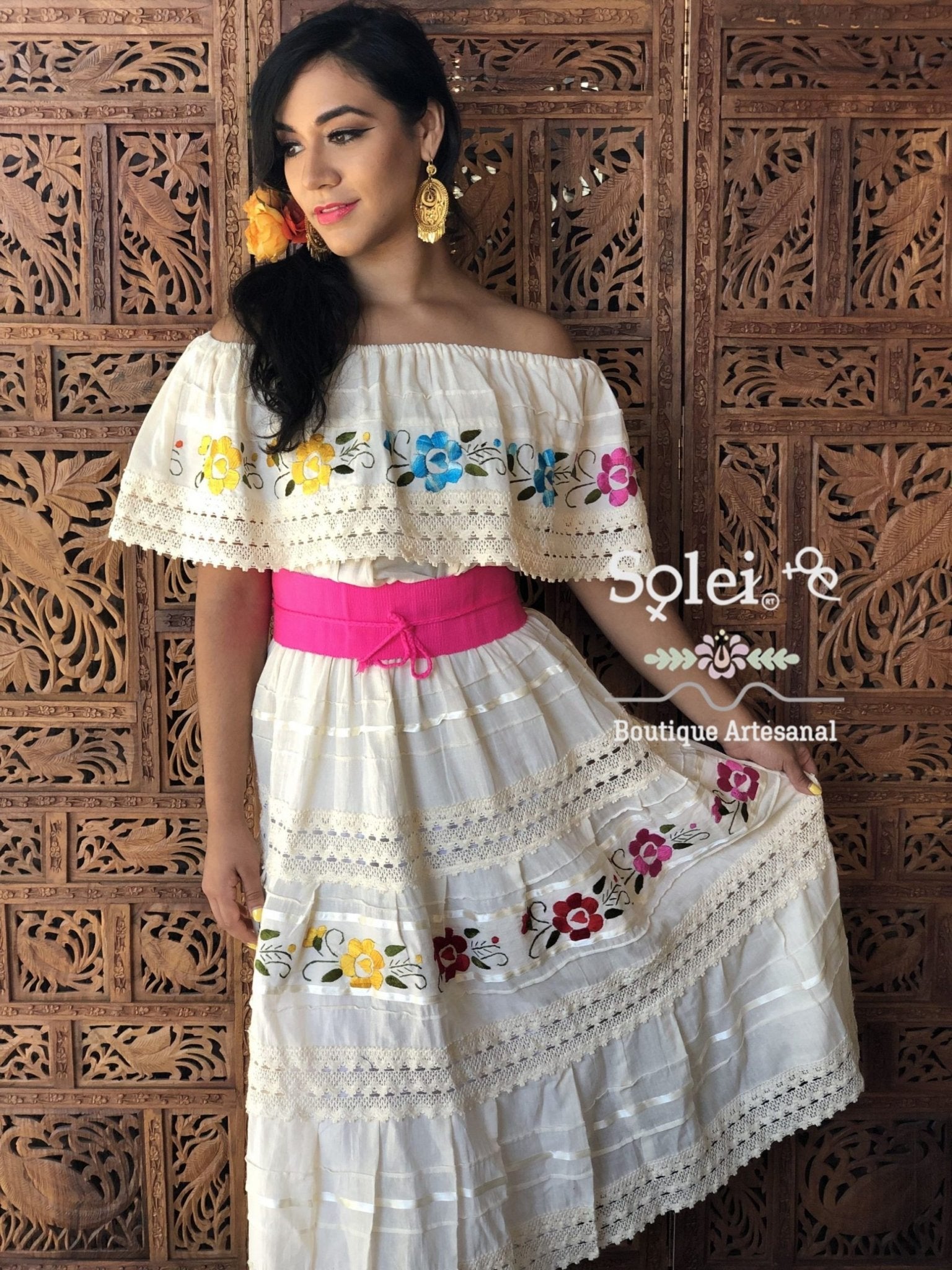 Lace Trim Peasant Dress. Mexican Off the Shoulder Dress. Floral Embroidered Dress. Mexican Artisanal Dress. - Solei Store